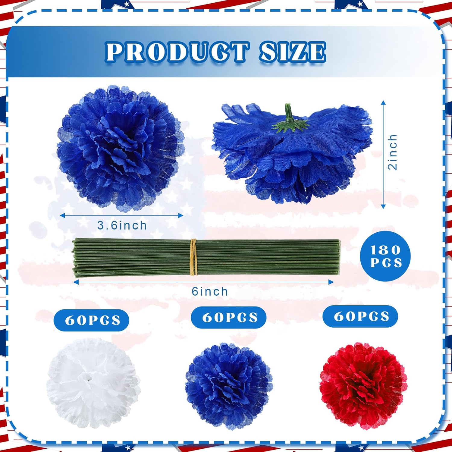 180 Pcs Red Blue White Carnations Artificial Memorial Flowers With 6" Stem Patriotic Fake Silk Carnation Bulk For Cemetery Veterans Day 4Th Of July Decoration Wreaths Diy Crafts