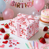 Happy 4Th Birthday Wrapping Paper Roll, Strawberry & Pink Gingham Gift Wrap For Girl’S Fourth Birthday Party, Toddler Age4 Decorations & Presents, Mini Roll 17 In X 16.4 Ft