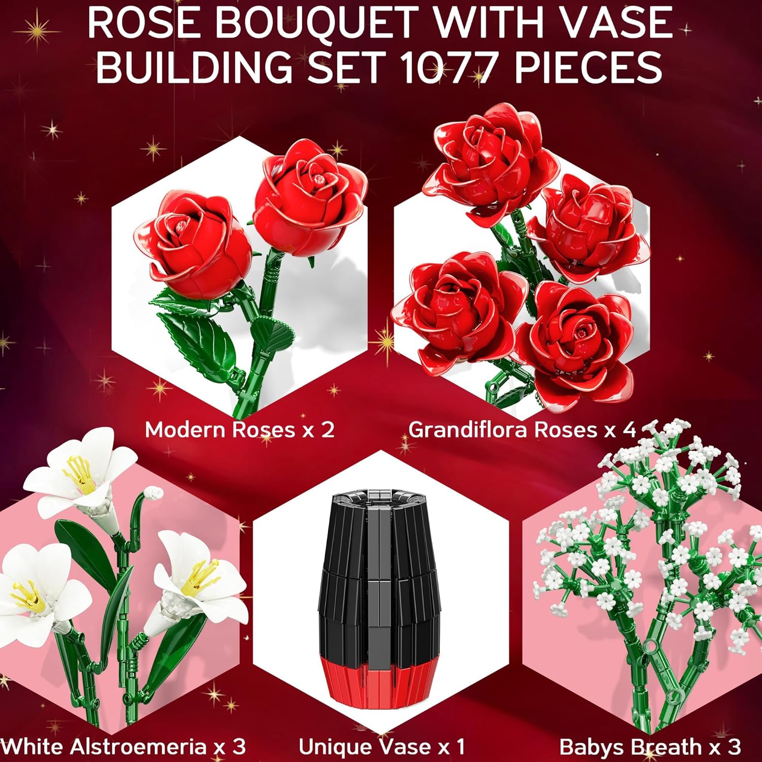 Roses Flower Bouquet Building Blocks With Vase, Valentines Day Gifts For Her Wife Him, 1077Pcs Botanical Collection Artificial Flower Birthday Gifts For Women Men Husband Mom Teen Girls Teacher Adults