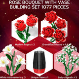 Roses Flower Bouquet Building Blocks With Vase, Valentines Day Gifts For Her Wife Him, 1077Pcs Botanical Collection Artificial Flower Birthday Gifts For Women Men Husband Mom Teen Girls Teacher Adults
