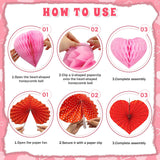 Valentines Day Decorations Set - 12 Pcs Heart Paper Fans, Honeycomb Hearts & 2 Packs 60.6In Felt Heart Garland - Valentines Day Decor For Home Office, Galentines Day Backdrop Party Supplies
