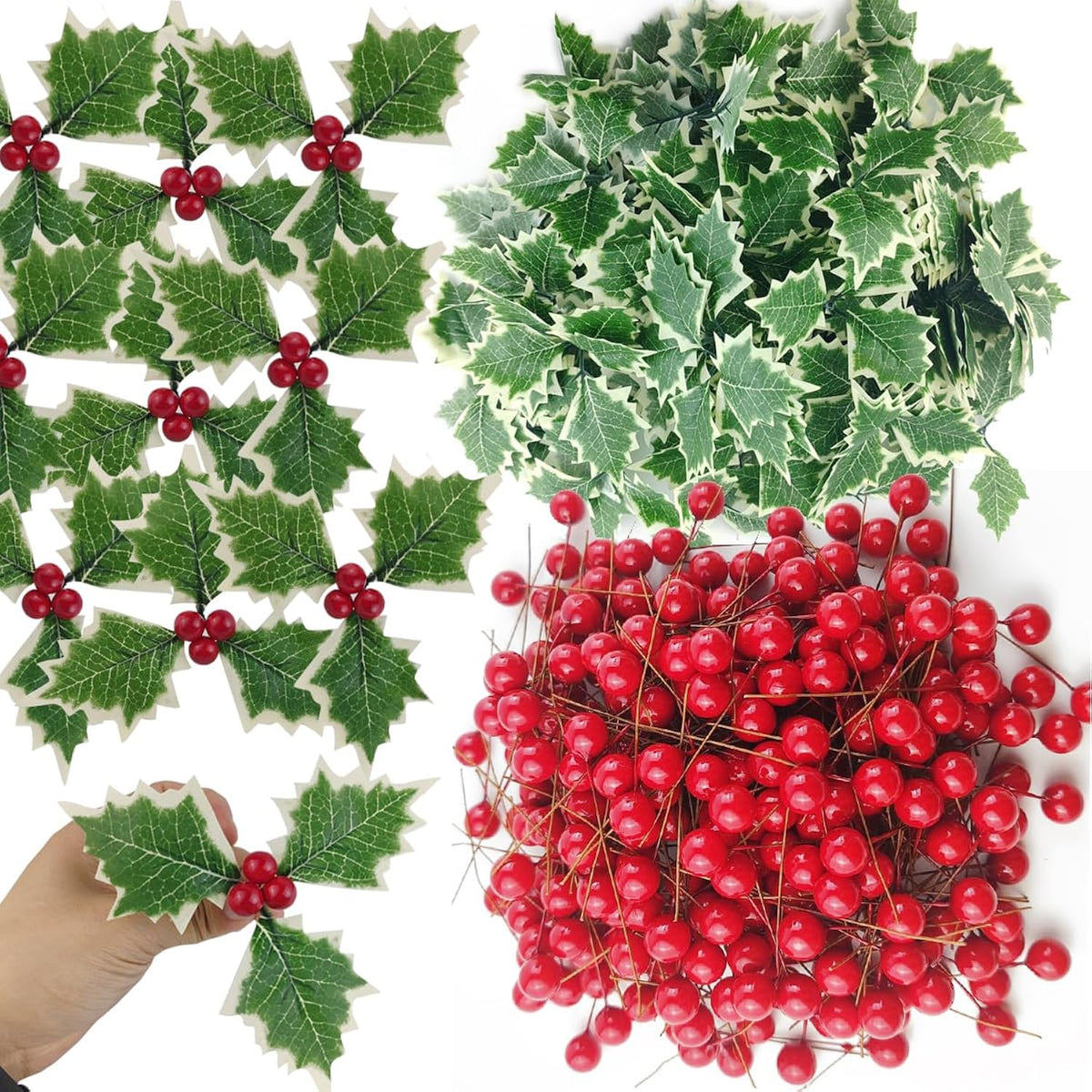 300Pcs Artificial Holly Berries With 100Pcs Green Leaves Rtificial Holly Leaves And Berries For Christmas Wreath Arrangement Cake Toppers Craft Wedding Party Home (Red)