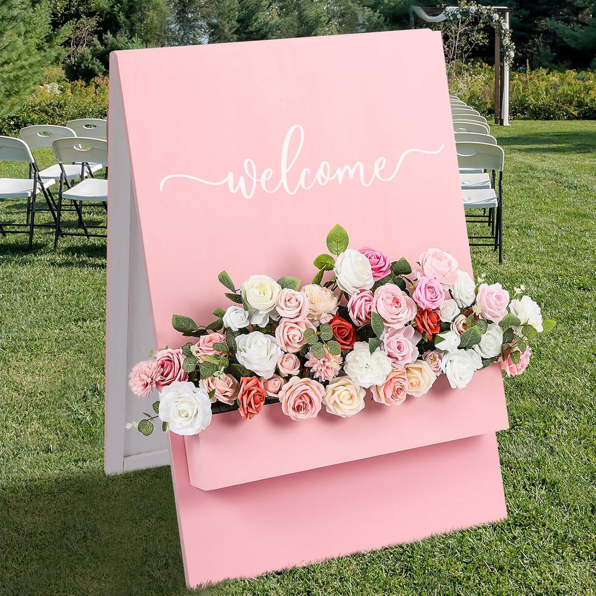 Wedding Flowers For Wedding Welcome Box Sign Artificial Flowers Decorations With Base For Reception Bridal Shower Party Ceremony Backdrop Outdoor Table Centerpieces(Pink)