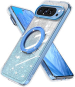 Pixel 9 Pro XL Glitter Case, MagSafe, 360° Ring Stand, Sparkly, Slim, Blue