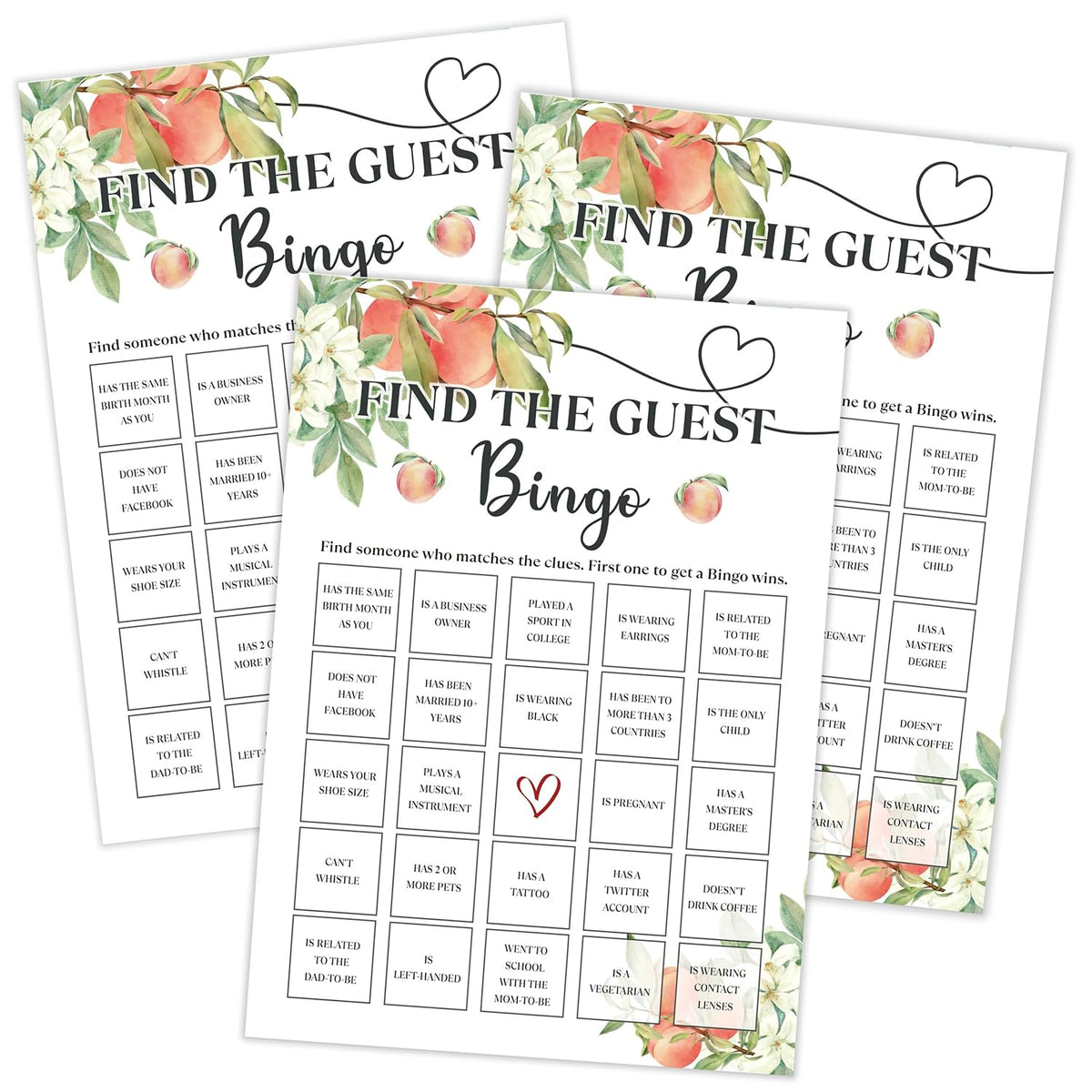 White Floral Peach Find The Guest Bingo Game, Baby Shower Games, Pack Of 30 Game Cards, Gender Neutral Boy Or Girl - Fa31