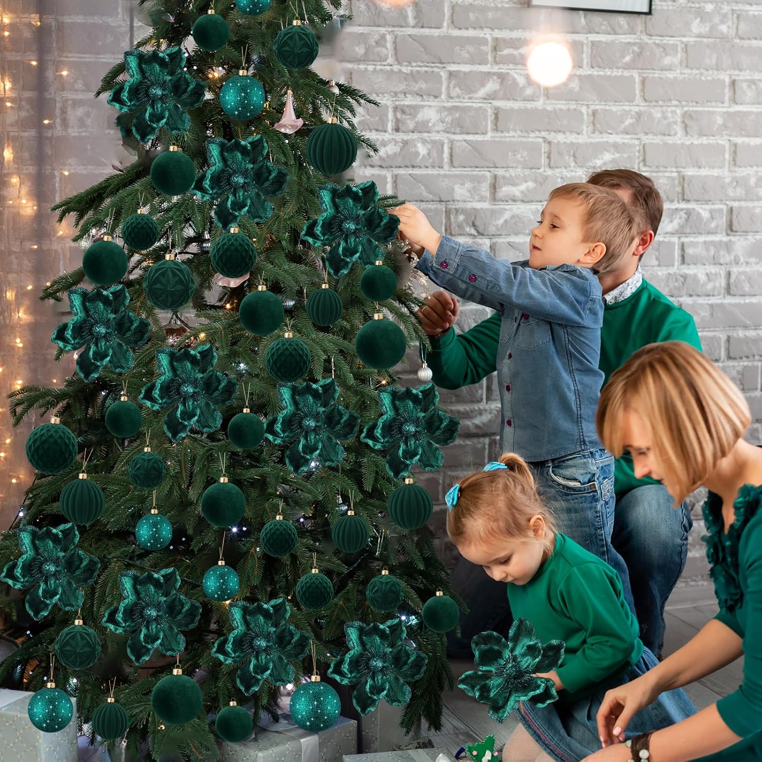 48 Pcs Christmas Tree Decoration Set 12 Glitter Poinsettia Magnolia Artificial Flower Picks 36 Velvet Christmas Ball Ornaments Hanging Decor Shatterproof For Xmas New Year Wedding Party Holiday(Green)