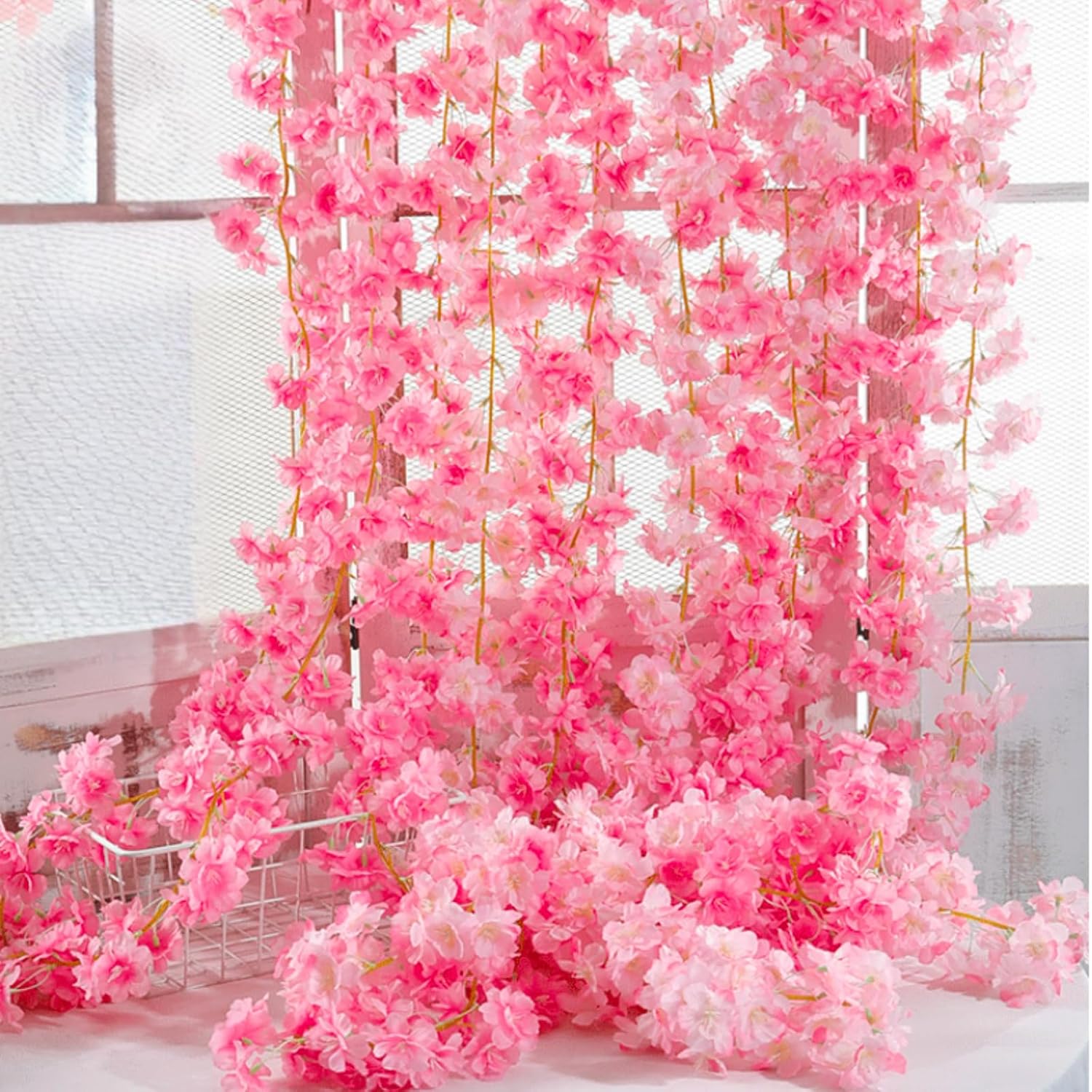 2Packs Artificial Cherry Blossom Flower Vines Pink Artificial Flower Garland Vines Silk Hanging Sakura Garland For Wedding Garden Arch Wall Home Party Japanese Kawaii Decor (Deep Pink)