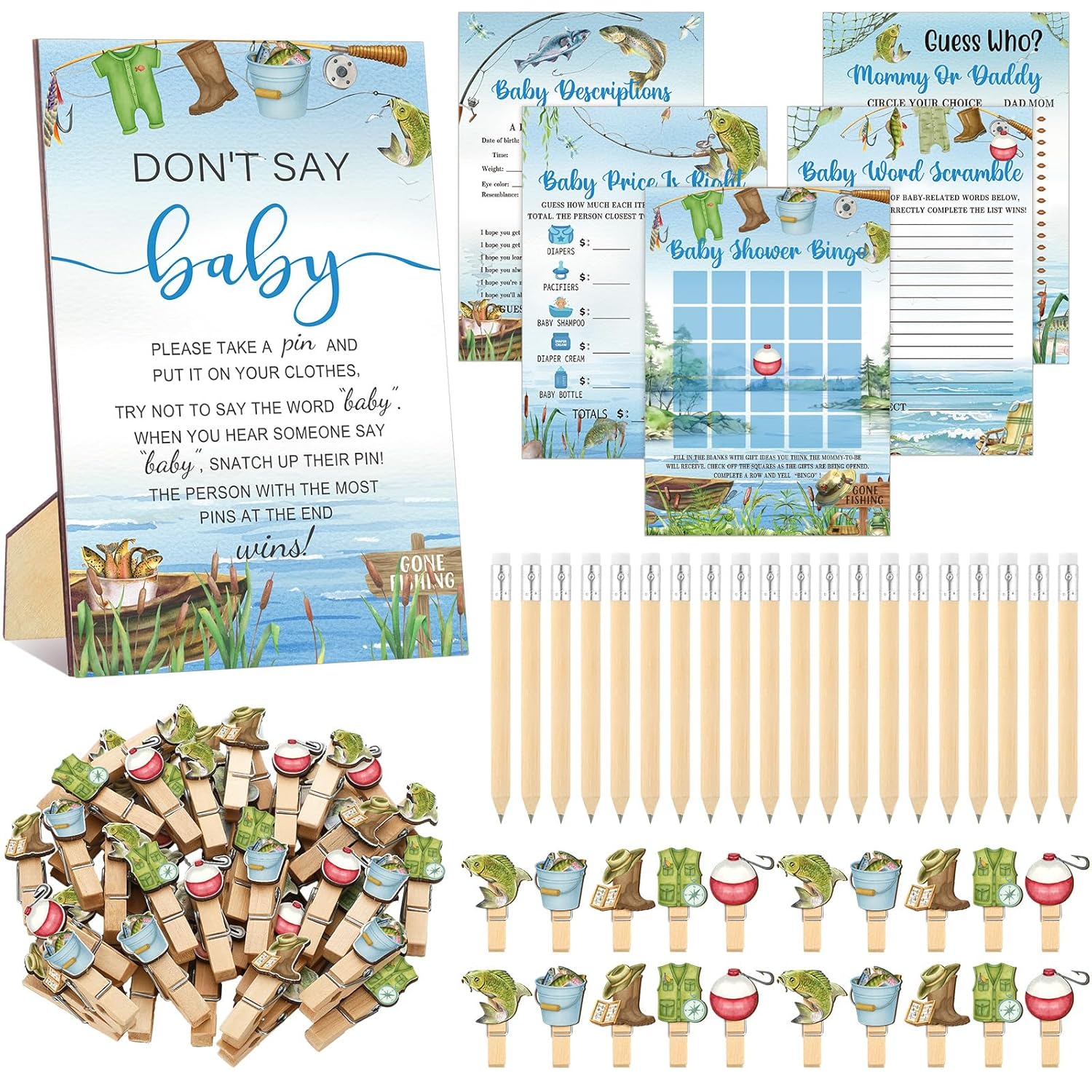 321 Pcs Fishing Don'T Say Baby Shower Game Supplies For Boys Include 50 Activity Cards 1 Don'T Say Baby Sign 50 Clothespins 20 Pencils For Price Is Right Prediction Bingo Game Party Decor