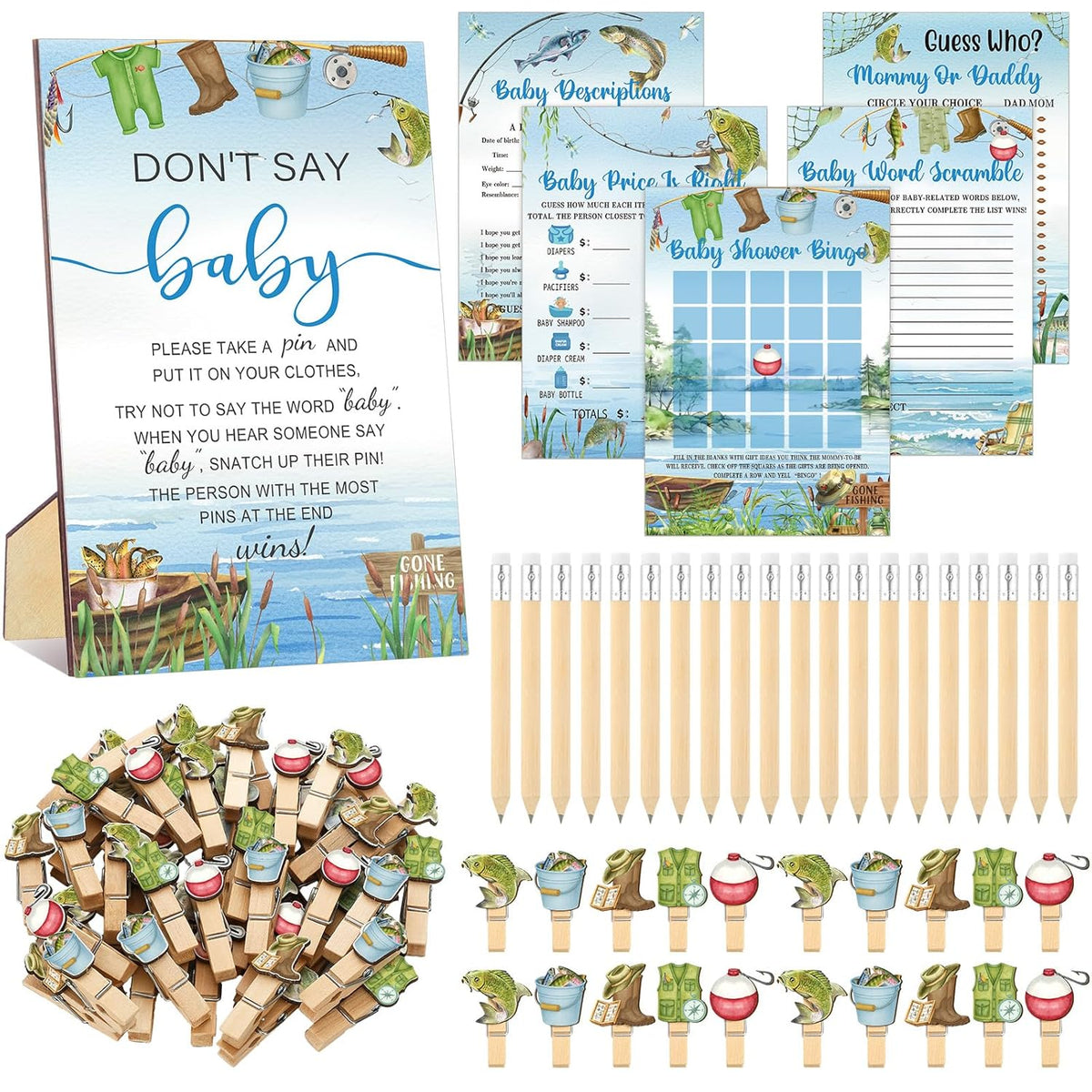 321 Pcs Fishing Don'T Say Baby Shower Game Supplies For Boys Include 50 Activity Cards 1 Don'T Say Baby Sign 50 Clothespins 20 Pencils For Price Is Right Prediction Bingo Game Party Decor