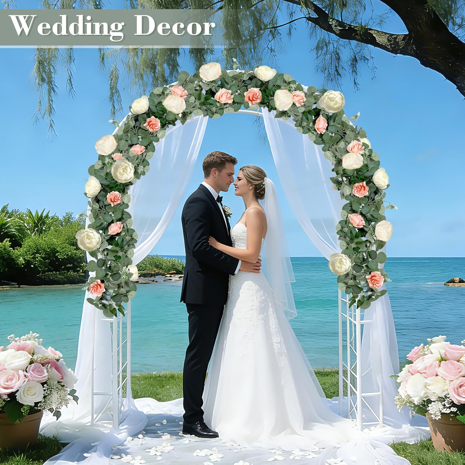 2 Pack 13Ft Artificial Eucalyptus Flower Garland With 16 White Peony Pink Rose, Baby Breath Fake Flowers Greenery Garland Floral Vine For Mantle Wedding Table Runner Centerpiece Backdrop Home Decor
