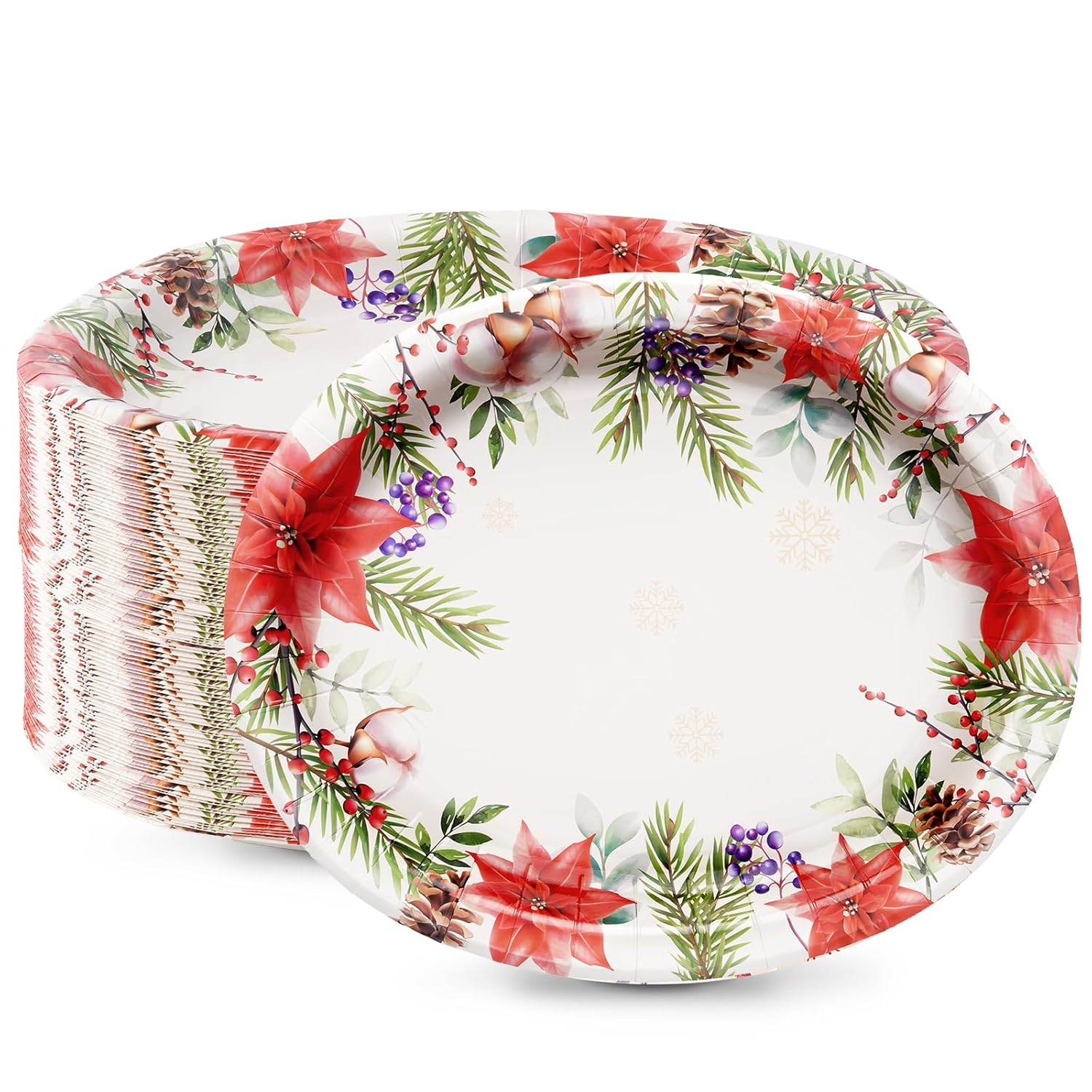 50 Count Christmas Oval Paper Plates, 10" X 12.5" Large Disposable Dinner Serving Platters, Poinsettia Design For Xmas Dinnerware Table Decorations
