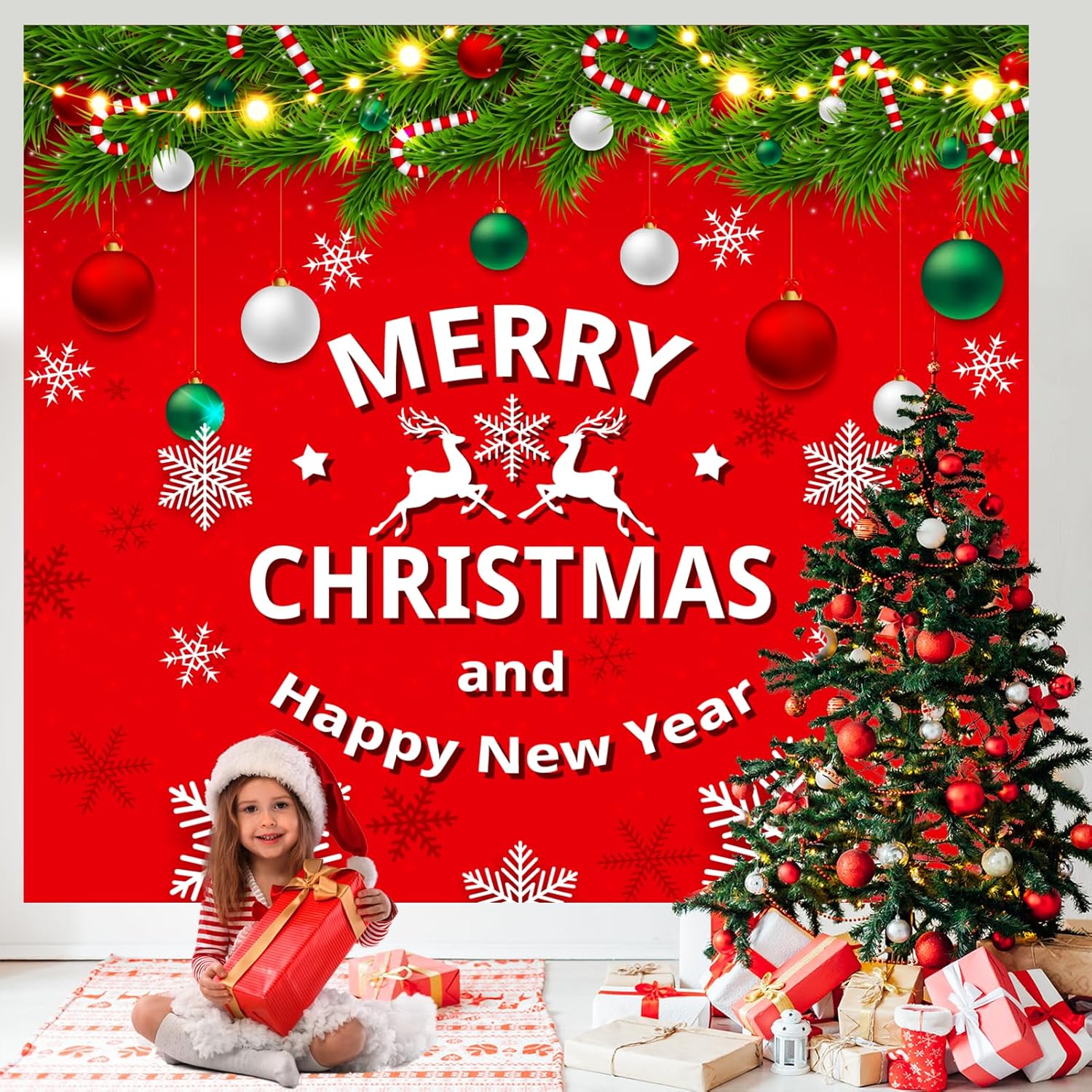 Christmas Garage Door Cover Mural 7X8 Ft - Red Xmas Banner Decorations Outside For Car Garage - Merry Christmas Holiday Banner