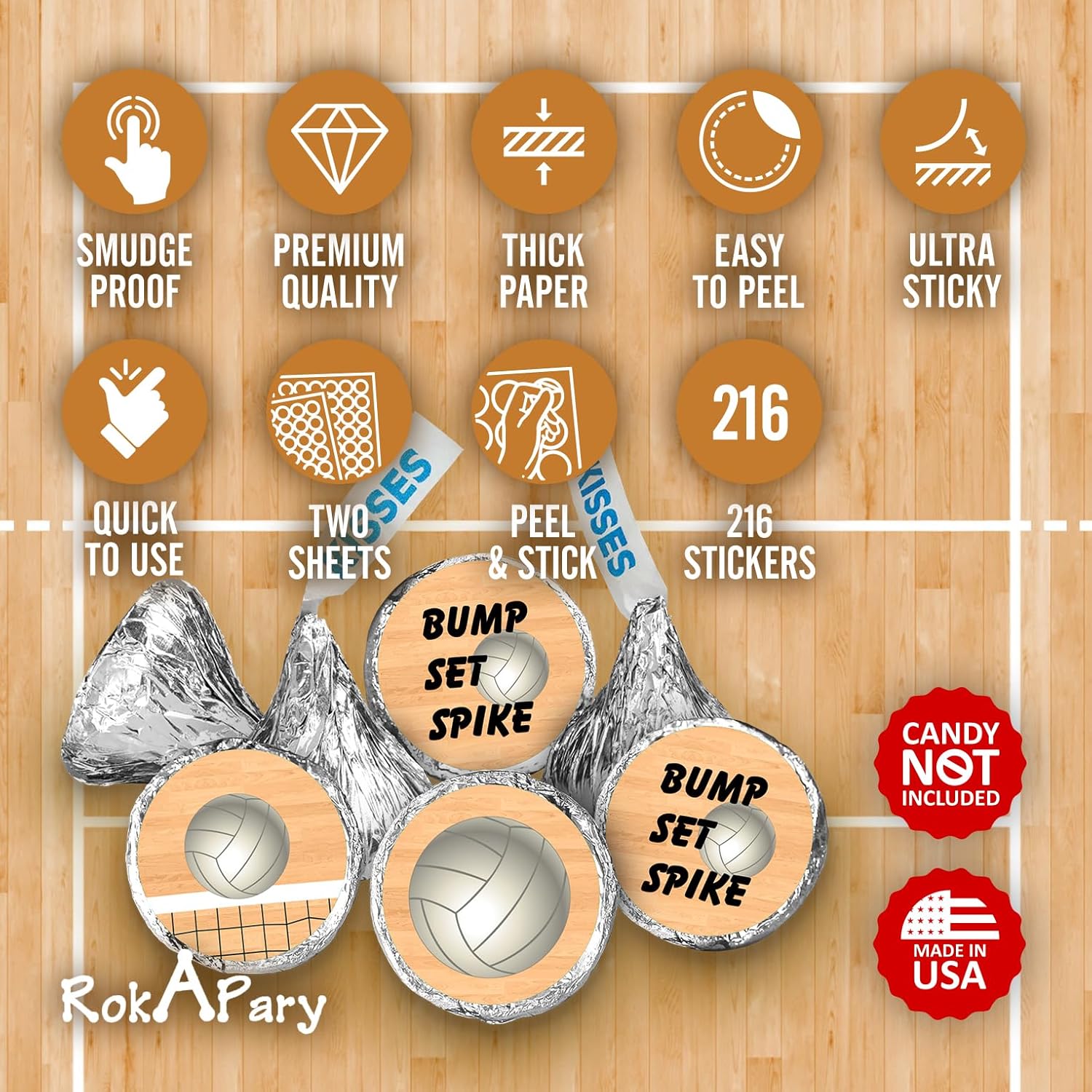 216 Sports Volleyball Kisses Stickers, Kisses Stickers For Birthday Party, Baby Shower, Wedding, Graduation, Or Any Family Event Decorations, Candy Not Included. Made In Usa