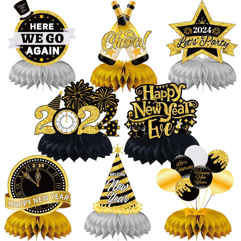 Happy New Year Decorations 2024, 8 Pcs New Years Honeycomb Centerpiece