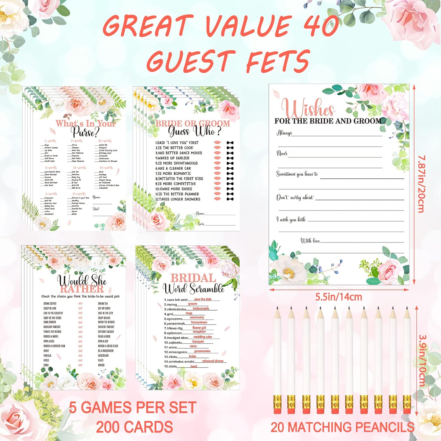 220 Pcs Floral Bridal Shower Game Set For 40 Guests Wedding Games Cards And Pencils Floral Bridal Supplies 5 Activity Accessories Gifts For Bride Groom Bachelorette Wedding Party Favors