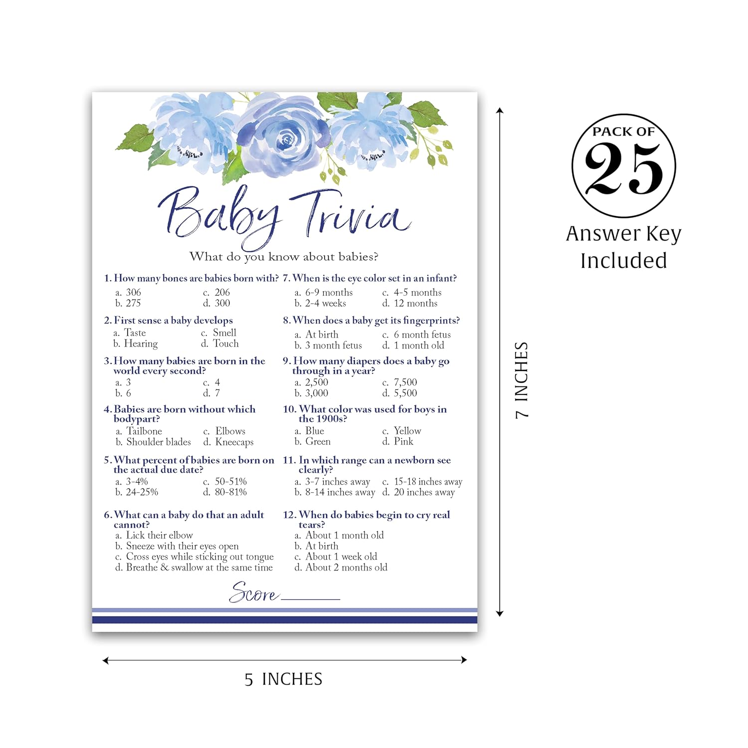Baby In Bloom Baby Trivia Game For Boy Shower – Blue Floral Botanical Baby Shower Games, Pack Of 25 Fun Facts Cards, Garden Theme Co-Ed Couples Shower Activity G705-Trv
