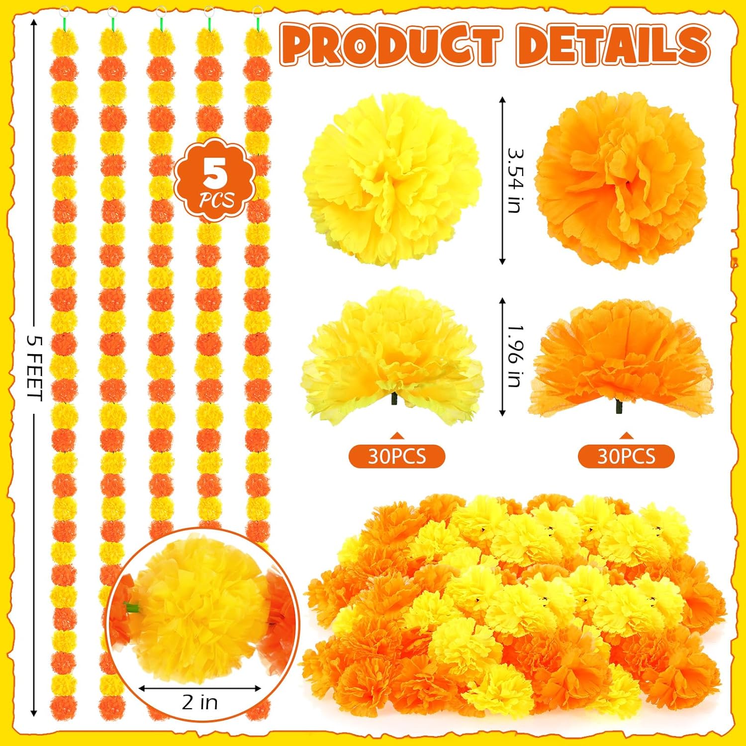65 Pcs Day Of The Dead Decorations 5 Pcs 5 Ft Artificial Marigold Garland 60 Faux Marigold Flower Heads Plastic Indian Garland Silk Indian Flowers For Dia De Los Muertos Diwali Orange