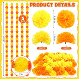 65 Pcs Day Of The Dead Decorations 5 Pcs 5 Ft Artificial Marigold Garland 60 Faux Marigold Flower Heads Plastic Indian Garland Silk Indian Flowers For Dia De Los Muertos Diwali Orange