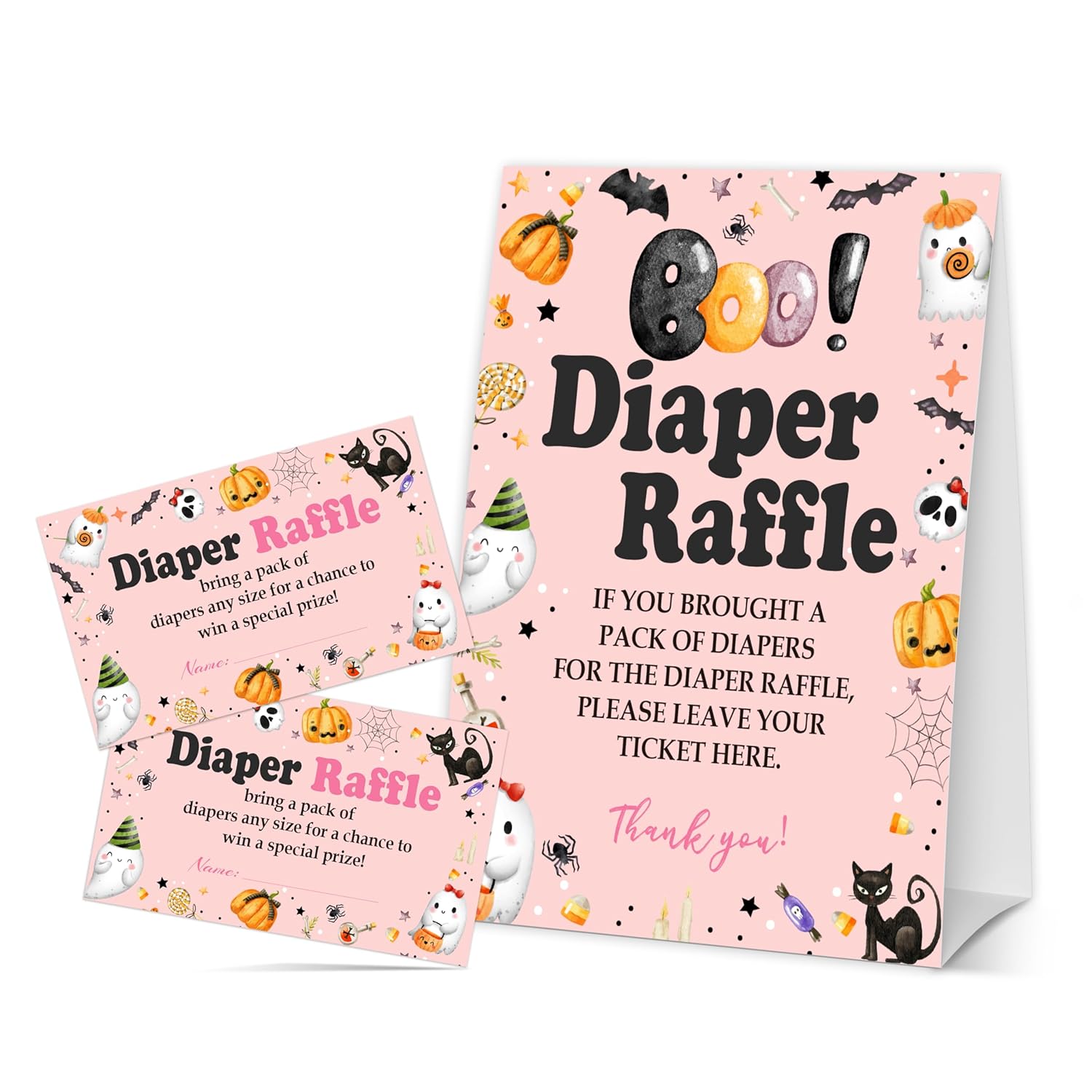 Halloween Baby Shower Games - 50 Diaper Raffle Tickets + 1 Self-Standing Sign - Diaper Raffle Party Game Sets For Baby Announcement Gender Reveal Decorations - B07