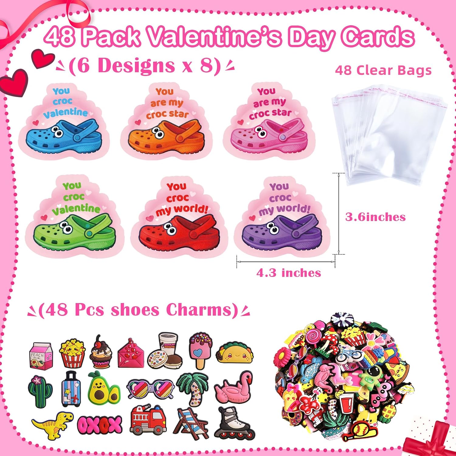 Valentines Day Cards For Kids Classroom Exchange?48 Pack Kids Valentine'S Day Cards With 48 Unique Charms & Goodie Bags,Valentine Gifts For School
