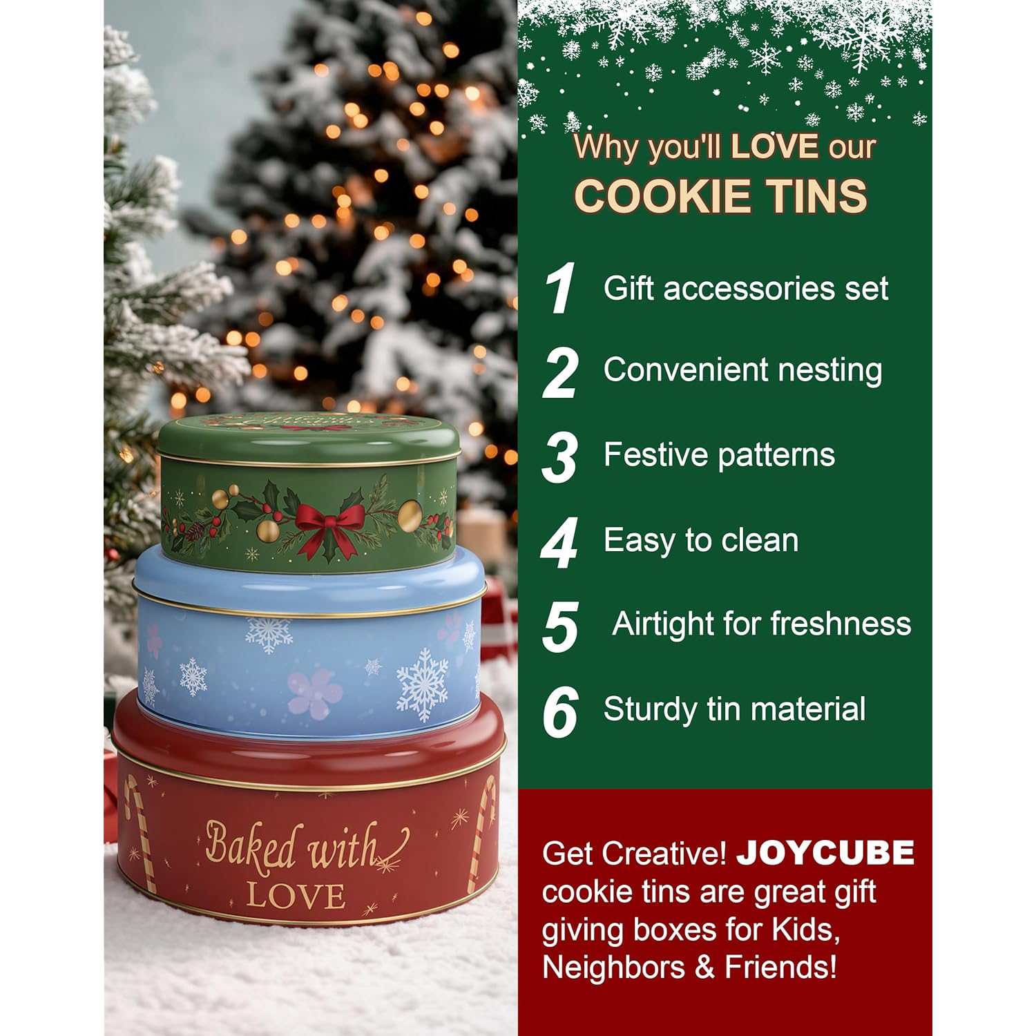 Christmas Cookie Tins With Lids, Set Of 3 Larger Holiday Containers For Homemade Cookies, Gifts, Treats, Reusable Round Metal Storage Boxes With 3 Premium Greeting Cards & 16.5Ft Ribbon