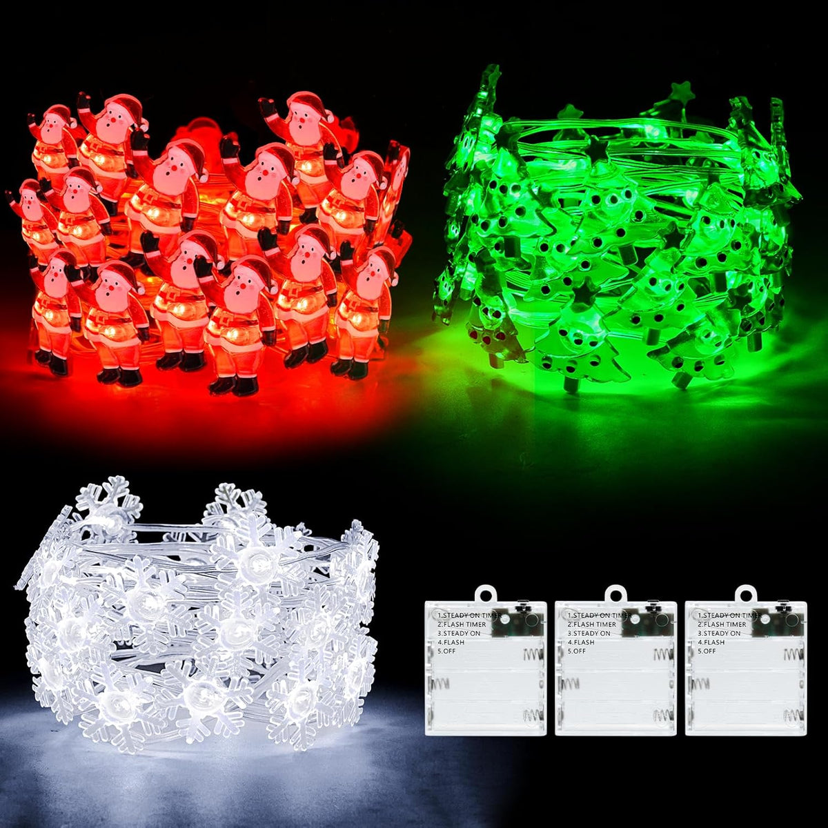 Christmas String Lights, Christmas Tree Santa Claus Snowflake Lights With Timer Twinkling Indoor Battery Operated 9.8Ft