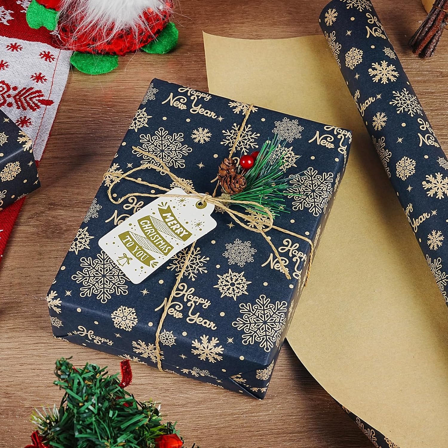 Christmas Wrapping Paper Roll, Navy Blue Kraft Wrapping Paper With Brown Happy New Year And Snowflake Design, Vintage Gift Wrapping Paper Roll For New Year Xmas Winter Holiday, 17 Inch X 33 Feet