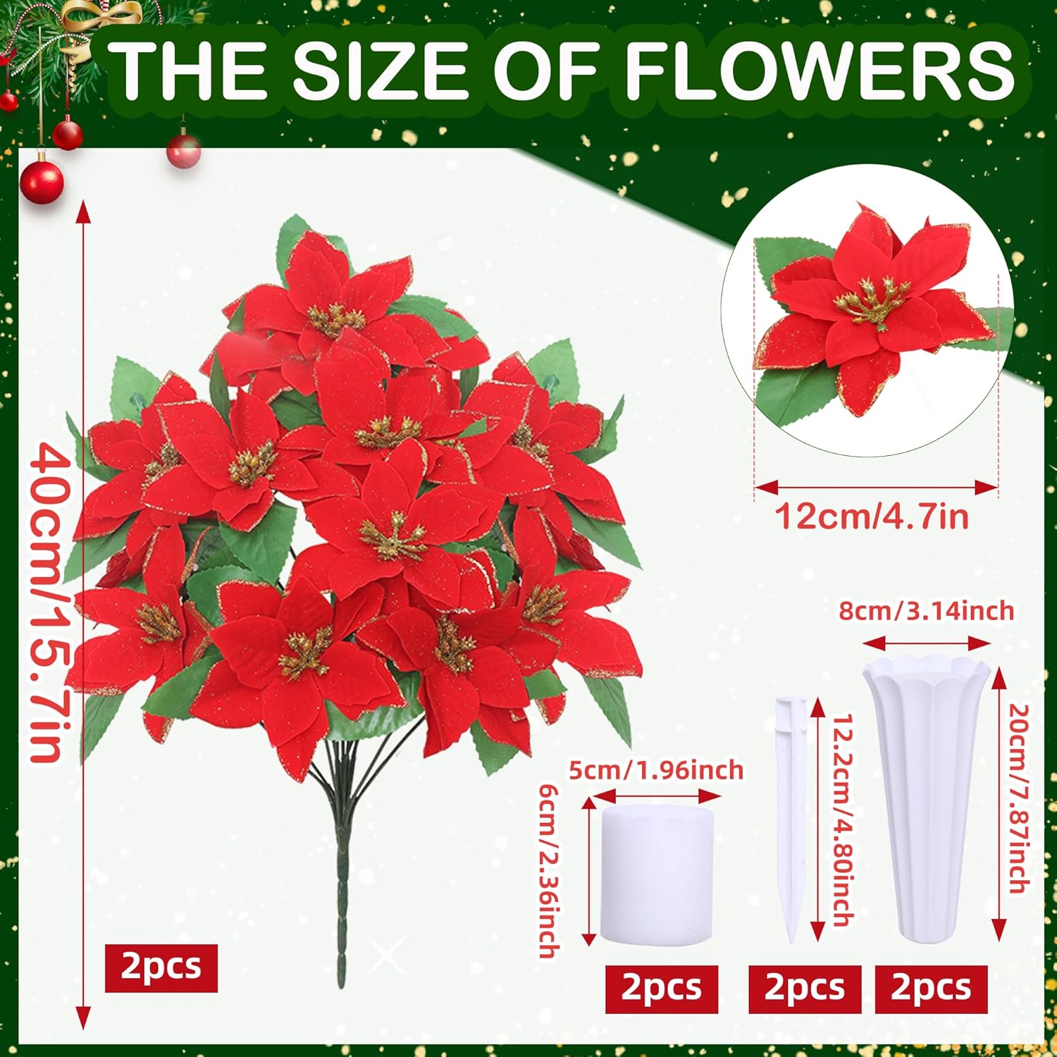 Artificial Cemetery Flowers For Grave,2 Sets Christmas Artificial Cemetery Flowers With Vase For Grave Christmas Bouquet,Outdoor Grave Decorations (Red)