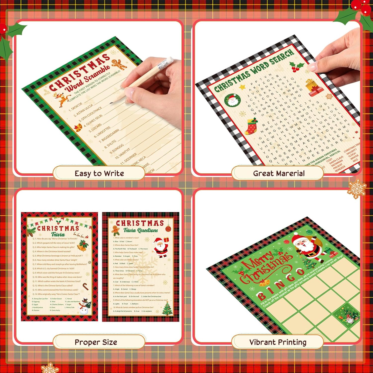 149 Pcs Christmas Party Games For Adults 25 Players Winter Word Search Scramble Trivia Bingo Game Paper Cards For Xmas Holiday Family Large Group Activities Party Supplies(Santa)