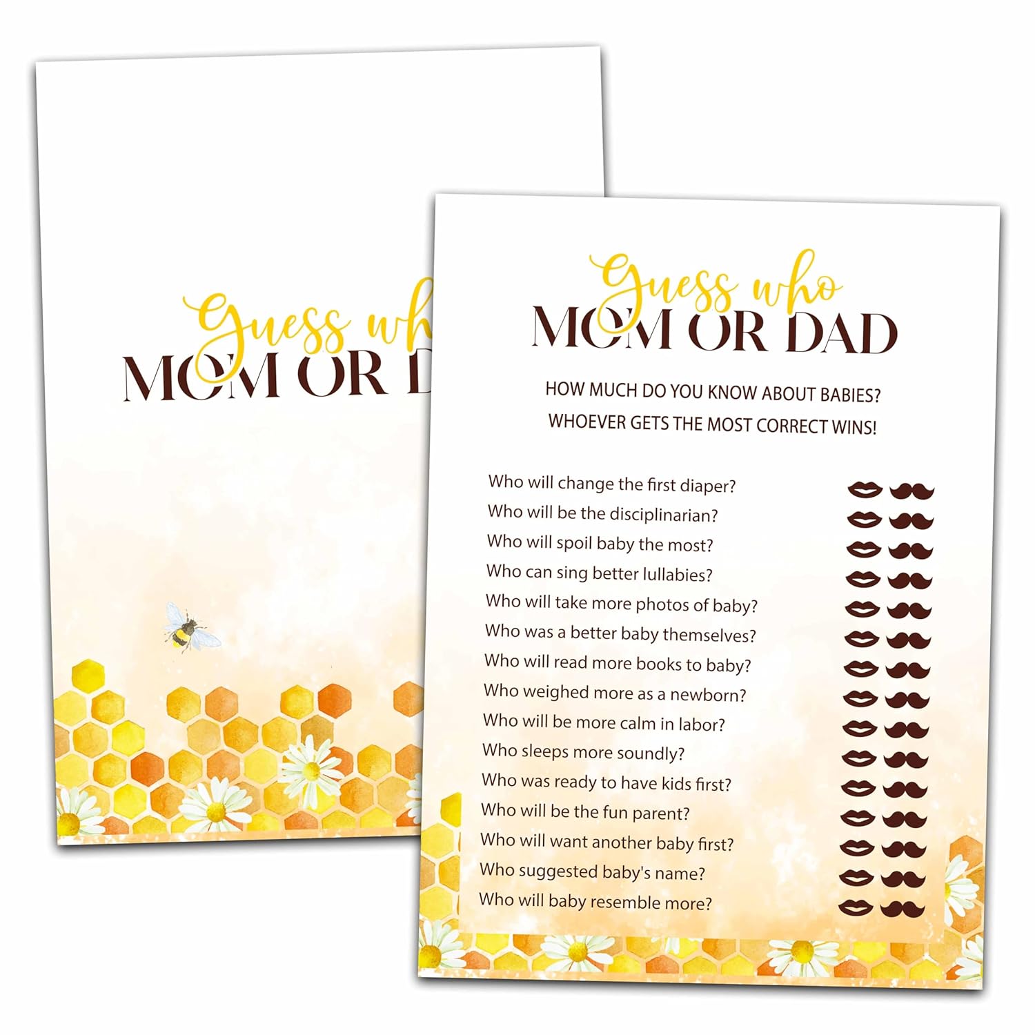Baby Shower Party Games, Who Mom Or Dad Minimal Baby Shower Game, 25 Honey Bee Gender Reveal Party Games Cards (5" X 7"), Bumble Bee Baby Shower Supplies Decorations -04
