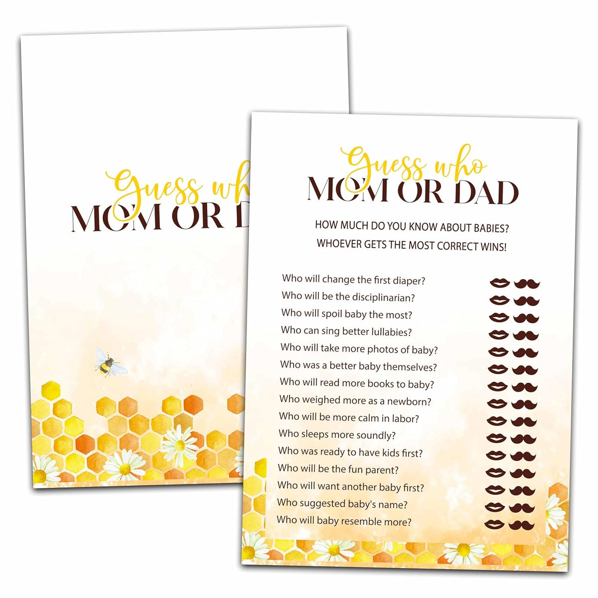 Baby Shower Party Games, Who Mom Or Dad Minimal Baby Shower Game, 25 Honey Bee Gender Reveal Party Games Cards (5" X 7"), Bumble Bee Baby Shower Supplies Decorations -04