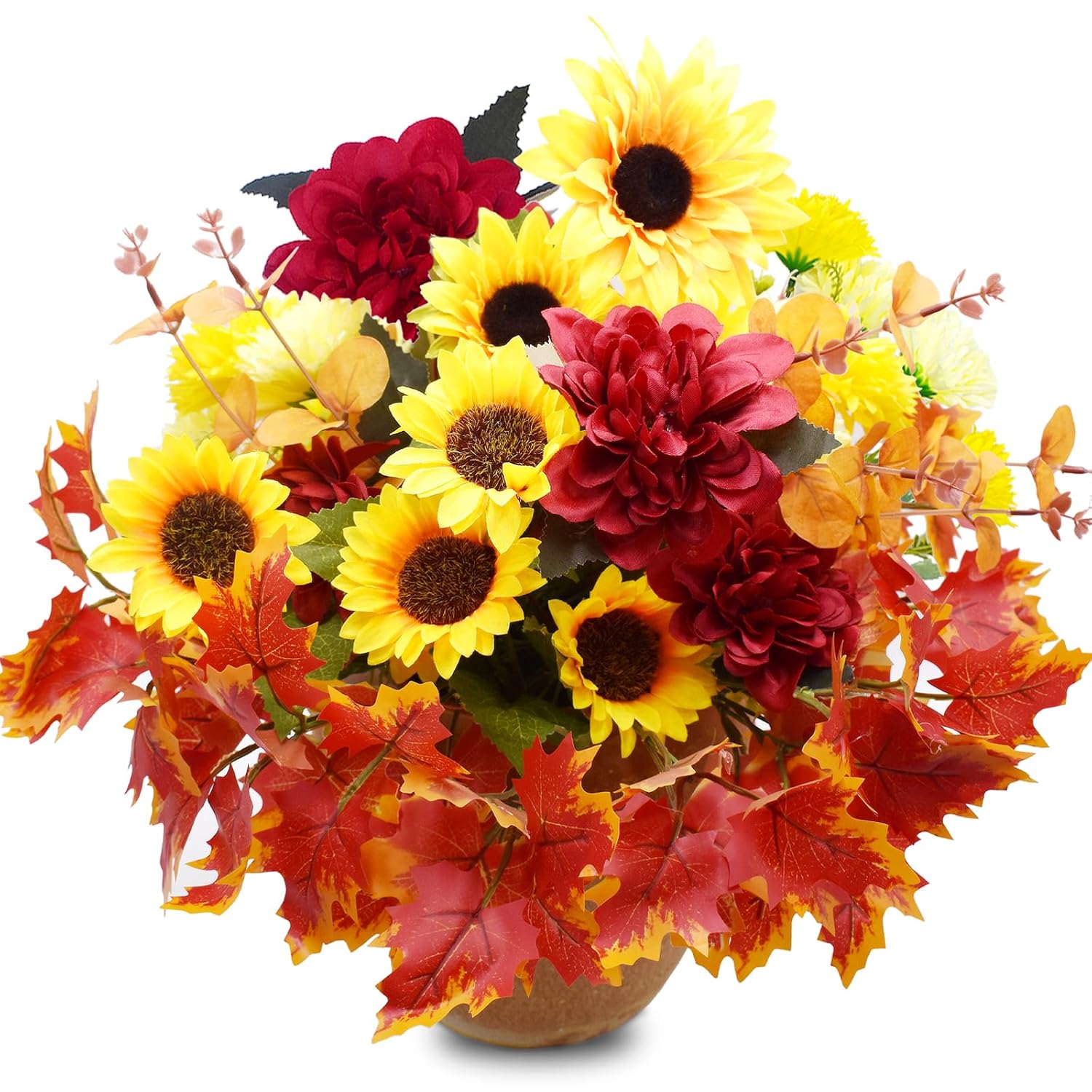12 Bundles Artificial Flowers, Artificial Sunflower Bouquets Artificial Chrysanthemum Eucalyptus Stems Maple Leaves Fake Wildflowers For Home Diy Garden Craft Art Decor (Mixed)