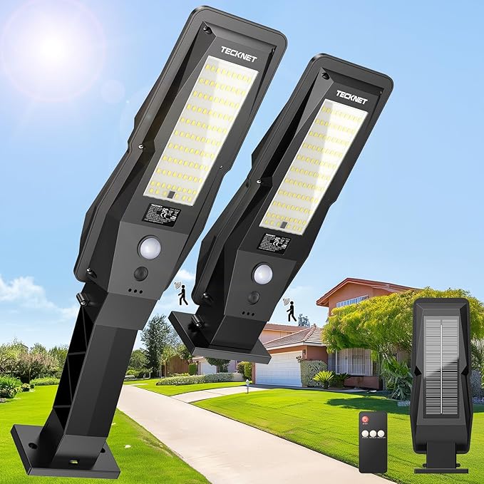 2 Pack Solar Street Lights IP66 Waterproof Motion Sensor Remote Dusk to Dawn Security Lights