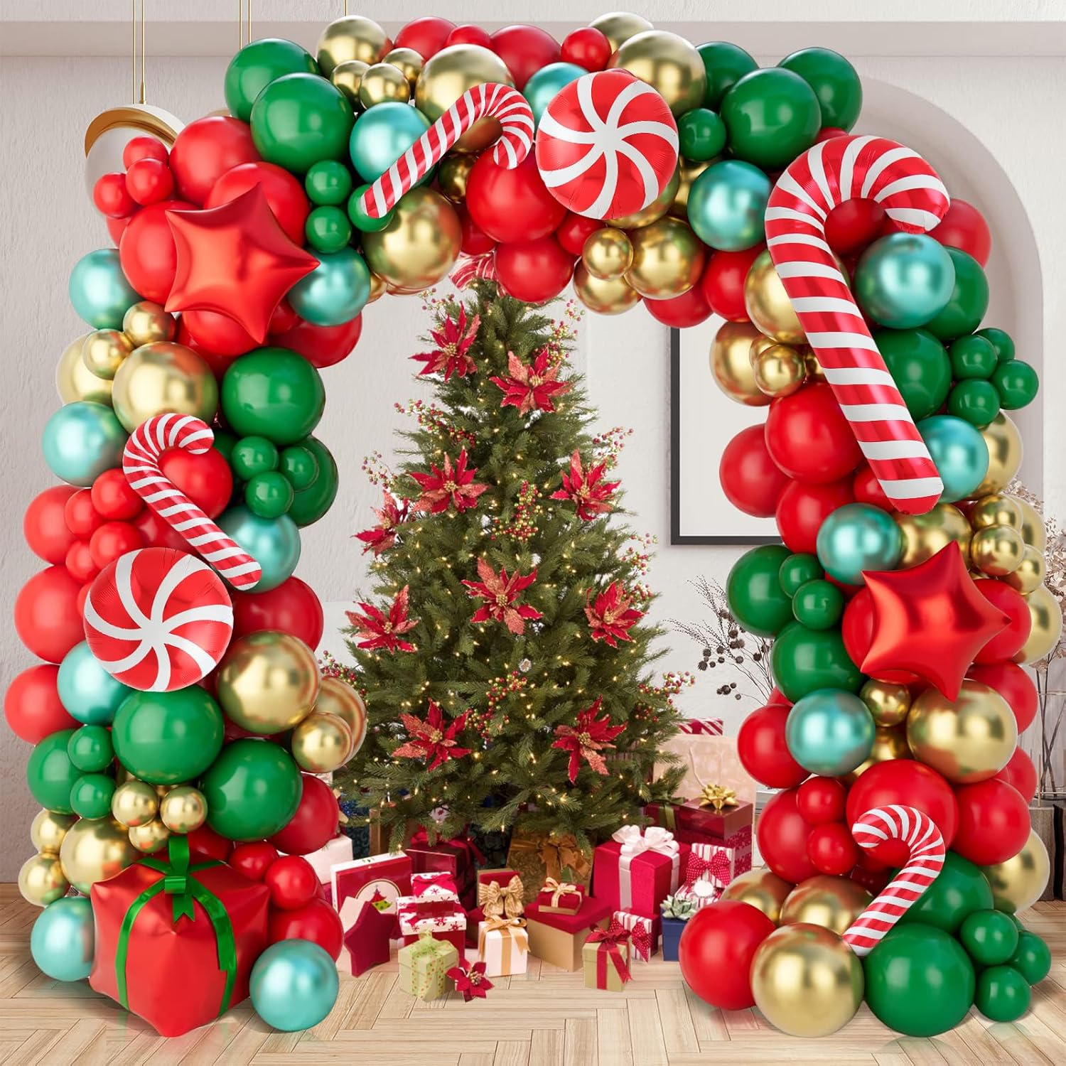 Christmas Balloon Arch Kit, 150Pcs Red Green Gold Balloon Garland With Candy Cane Balloons Red Star Balloons For Christmas Party Decorations, Xmas Decorations For Indoors