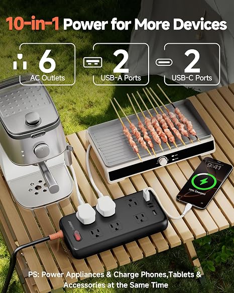 Outdoor Waterproof Power Strip IPX6 6 Outlets 4 USB Ports 15FT Extension Cord Wall Mount