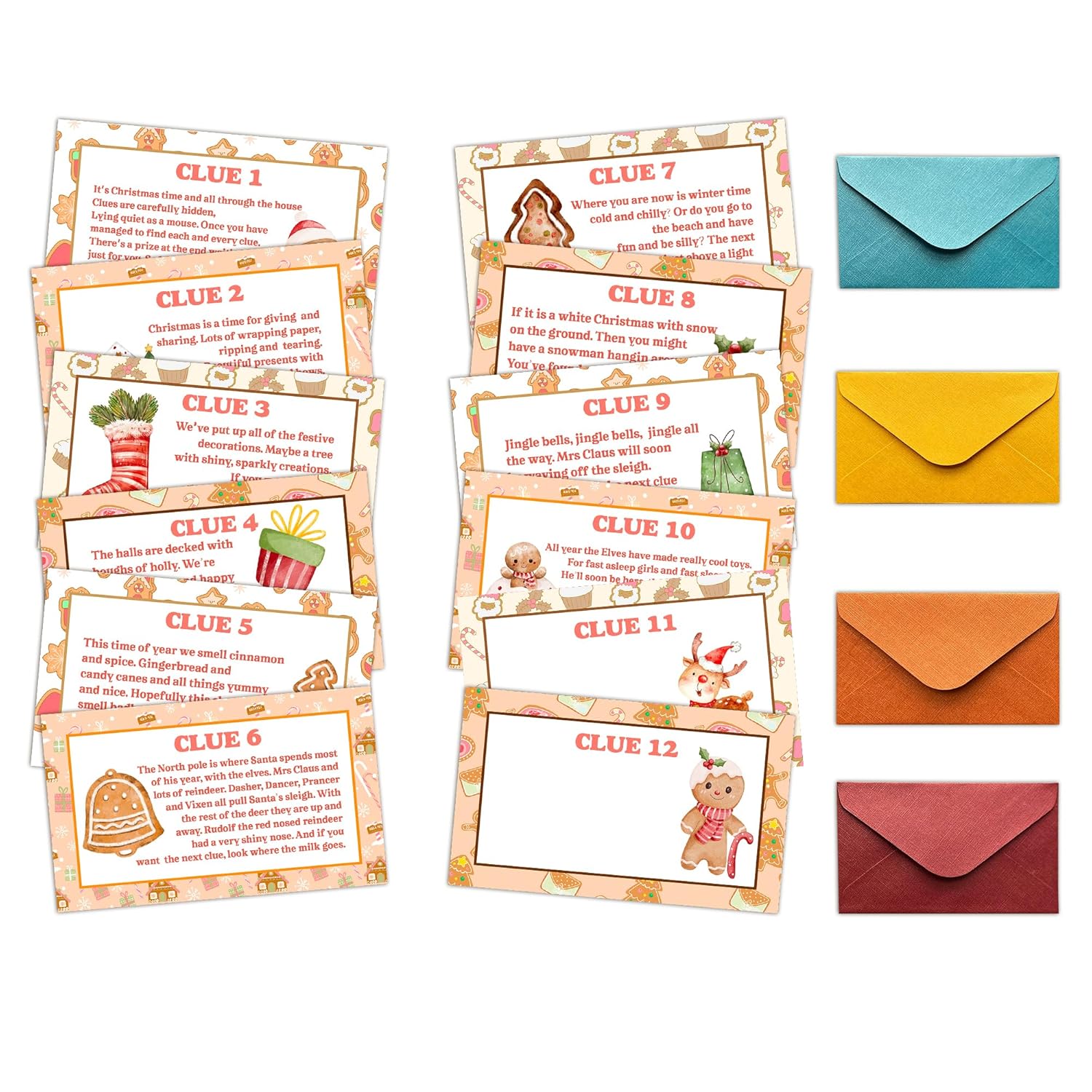 Christmas Scavenger Hunt Games, Gingerbread Man Clue Hunting Games For Party, Merry Christmas Party Decor Supplies Favors, Xmas Indoor Outdoor Activities For Family, 12 Cards With Envelopes -02