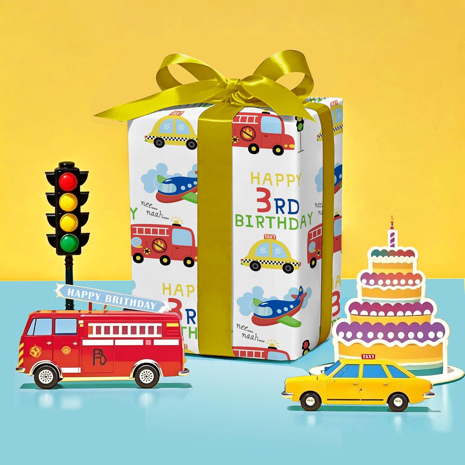 Transport 3Rd Birthday Wrapping Paper - Mini Roll - 17 Inch X 16.5 Feet - Vehicles Cars Wrapping Paper For Kid Boys Birthday, Baby Shower