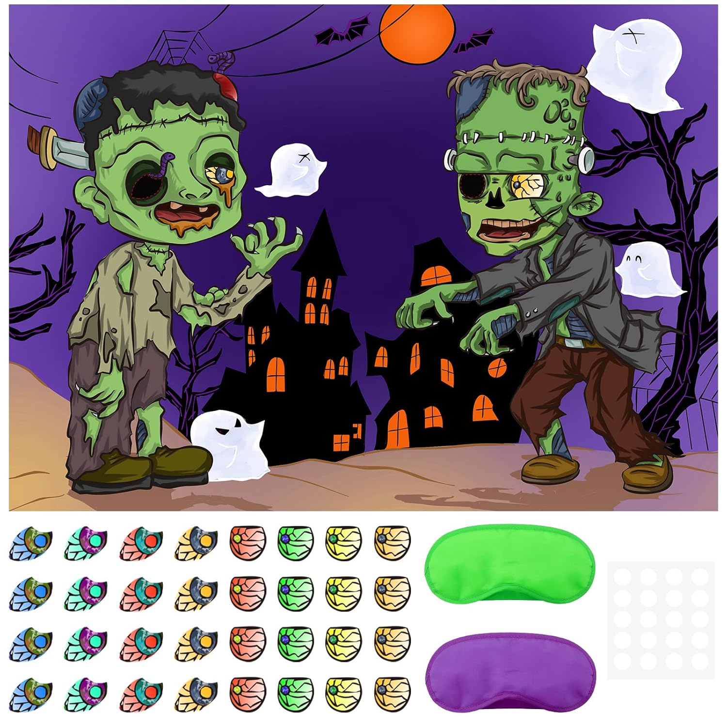 Pin The Tail Game Pin The Eyeball On The Zombies , Two Blindfold Zombies On The Game Poster Halloween Classroom Stickers Games ,Halloween Zombie Party Games