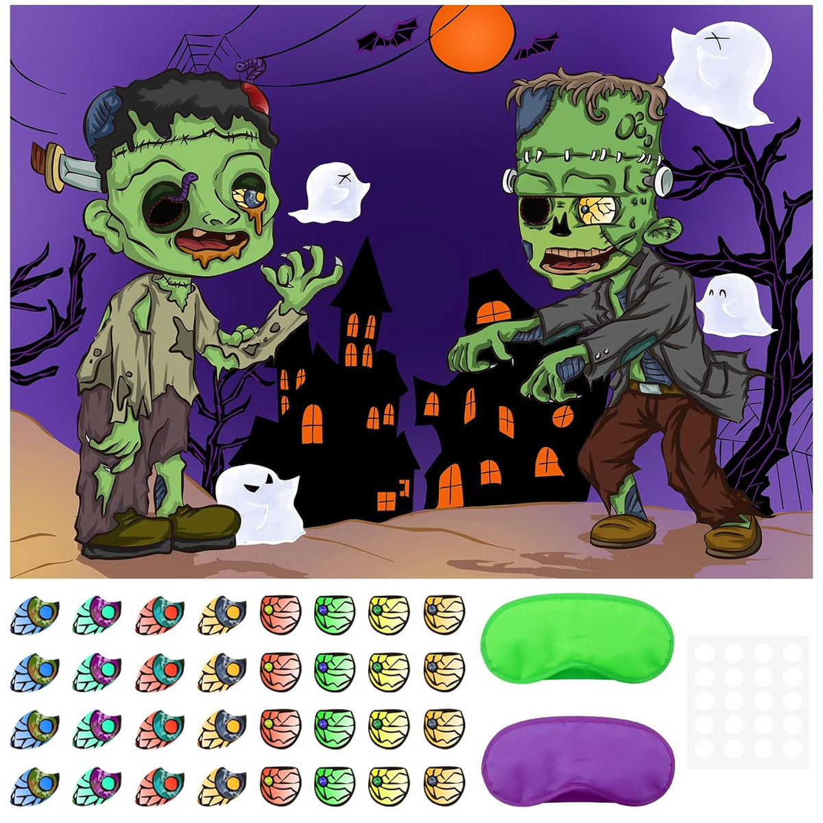Pin The Tail Game Pin The Eyeball On The Zombies , Two Blindfold Zombies On The Game Poster Halloween Classroom Stickers Games ,Halloween Zombie Party Games
