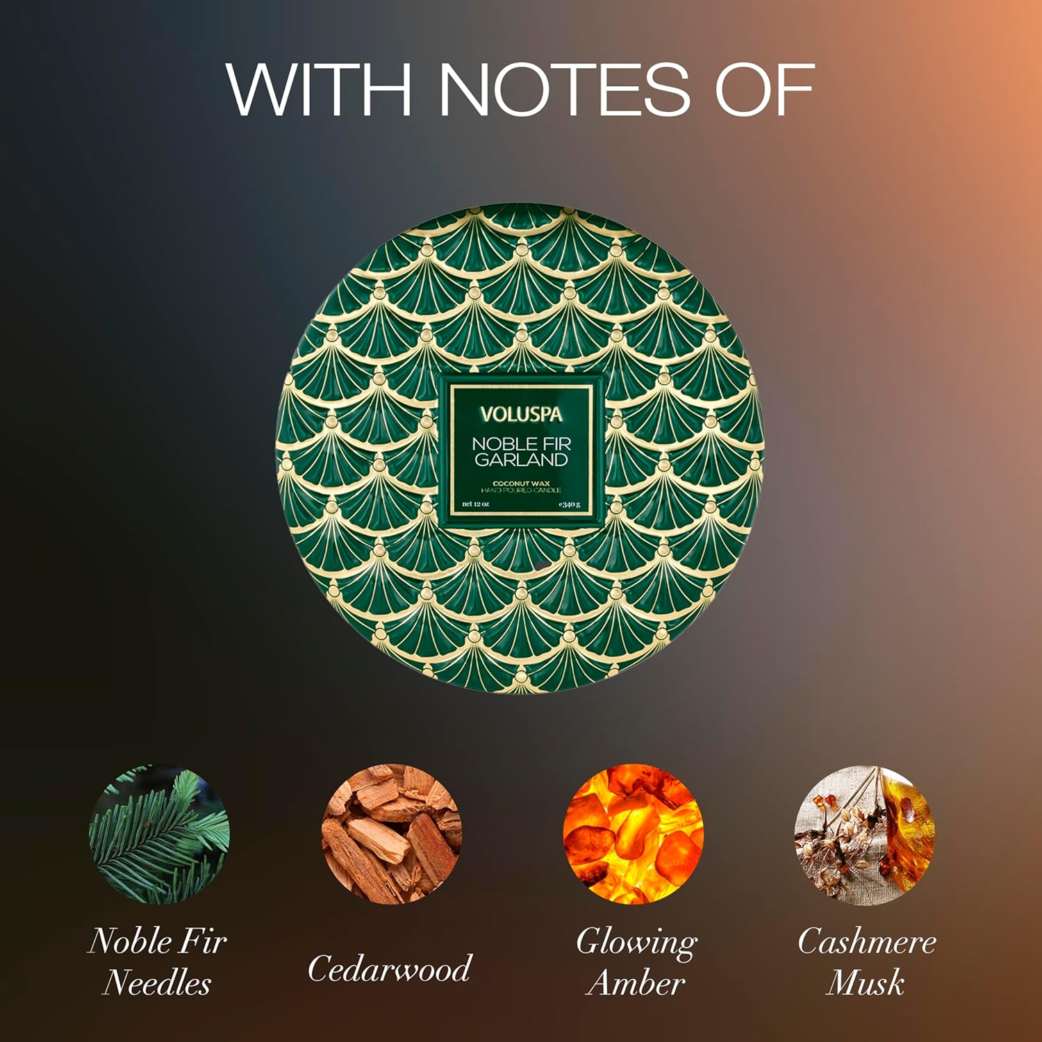 Voluspa Noble Fir Garland, 3 Wick Tin Candle, 12oz, 40 Hour Burn Time, Coconut Wax Candle for The Home, Poured in The USA