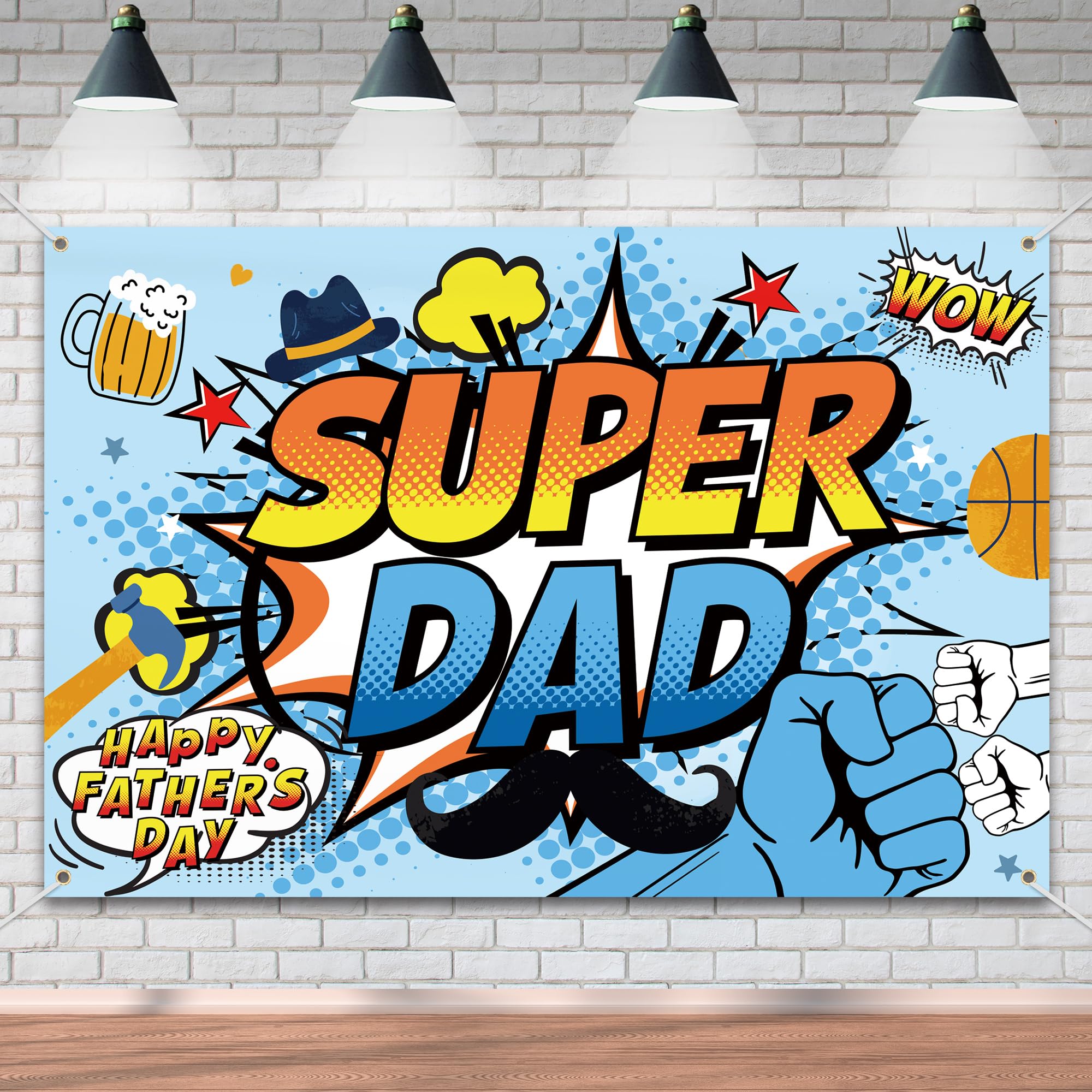 Happy Father's Day Banner Backdrop Super Dad Theme Background Decor for Happy Father's Day Festival Party Celebration Photography Photo Prop Decorations Supplies 72x43in-