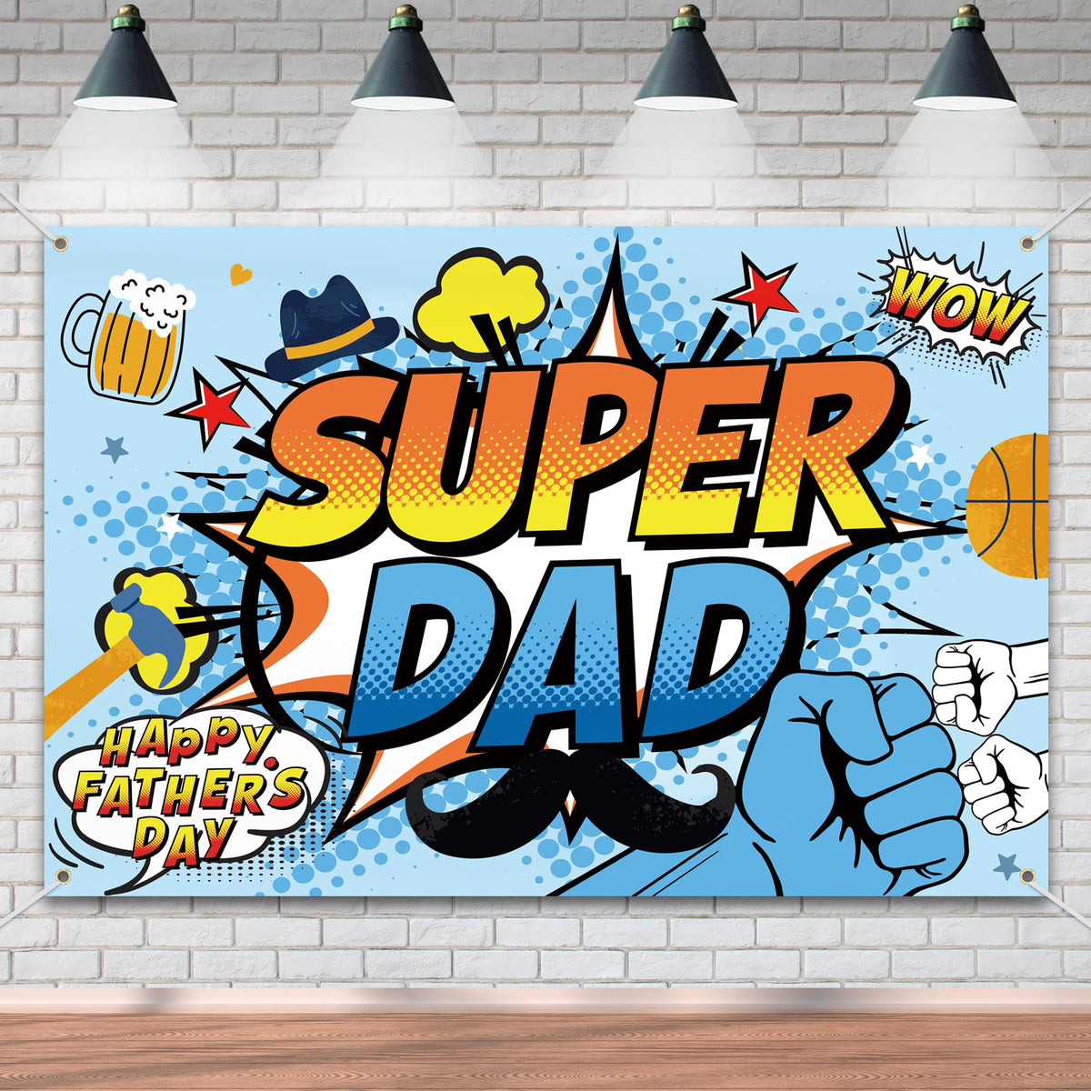 Happy Father's Day Banner Backdrop Super Dad Theme Background Decor for Happy Father's Day Festival Party Celebration Photography Photo Prop Decorations Supplies 72x43in-