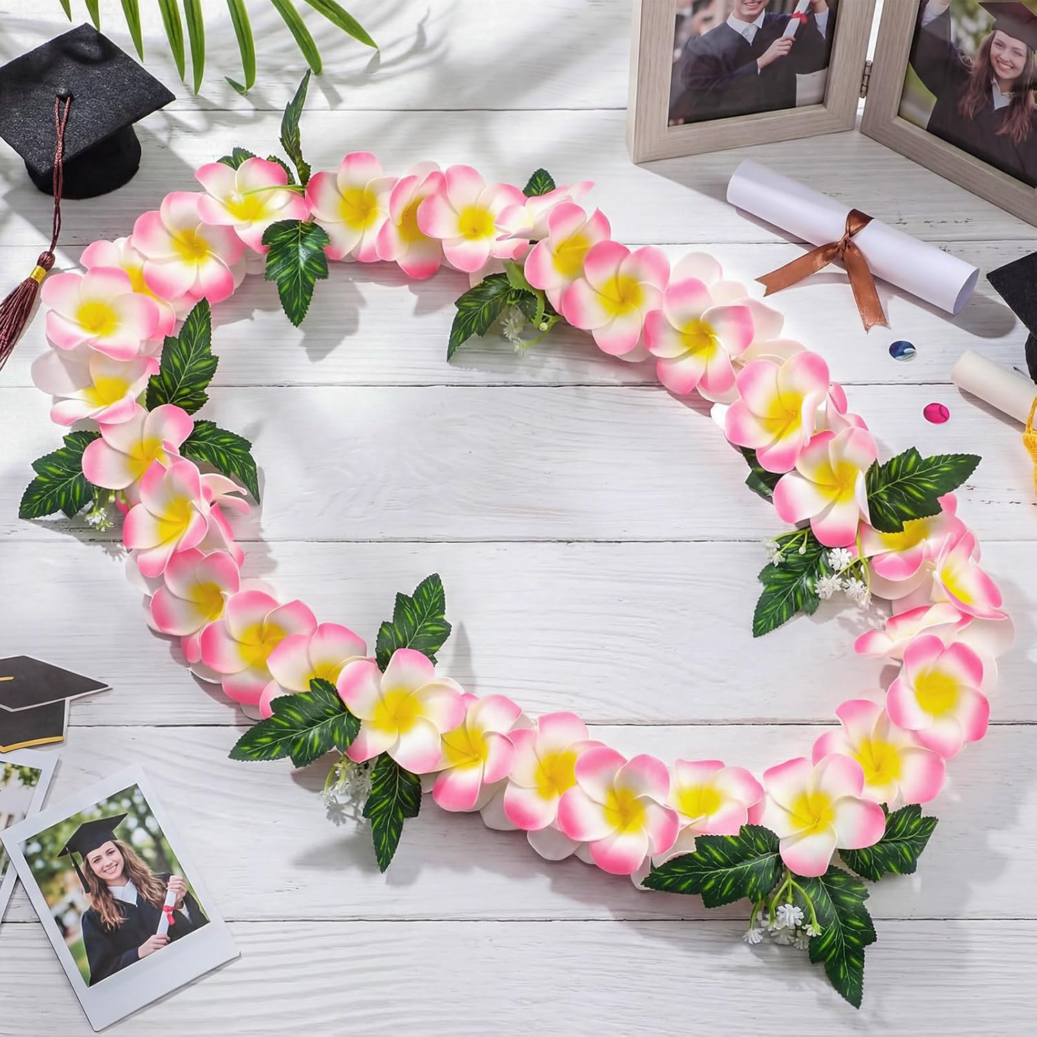 Pink Hawaiian Plumeria Leis For Adults 48" Tropical Hawaiian Graduation Leis For Luau Party Artificial Plumeria Flower Necklace For Hula Dance Wedding Summer Beach Party Favors Supplies
