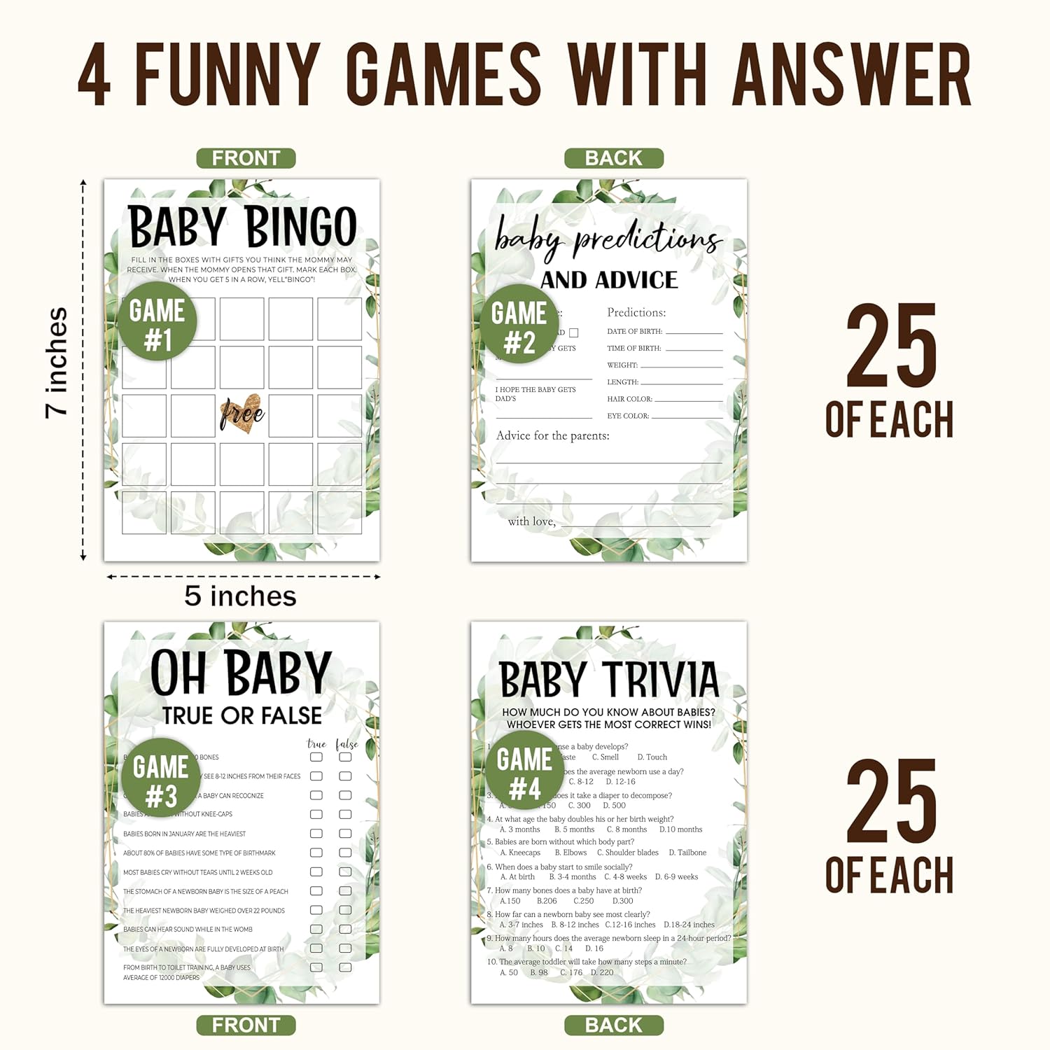 Baby Shower Games Set, Baby Predictions, Oh Baby, Baby Trivia Game, 4 Baby Games For 25 Guests, Girl Boy Eucalyptus Baby Shower Decorations, 001