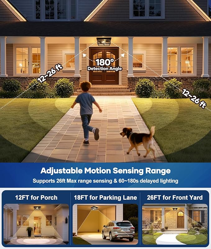 12.2 Inch Motion Sensor Outdoor Ceiling Light with Remote Black Flush Mount Fixture