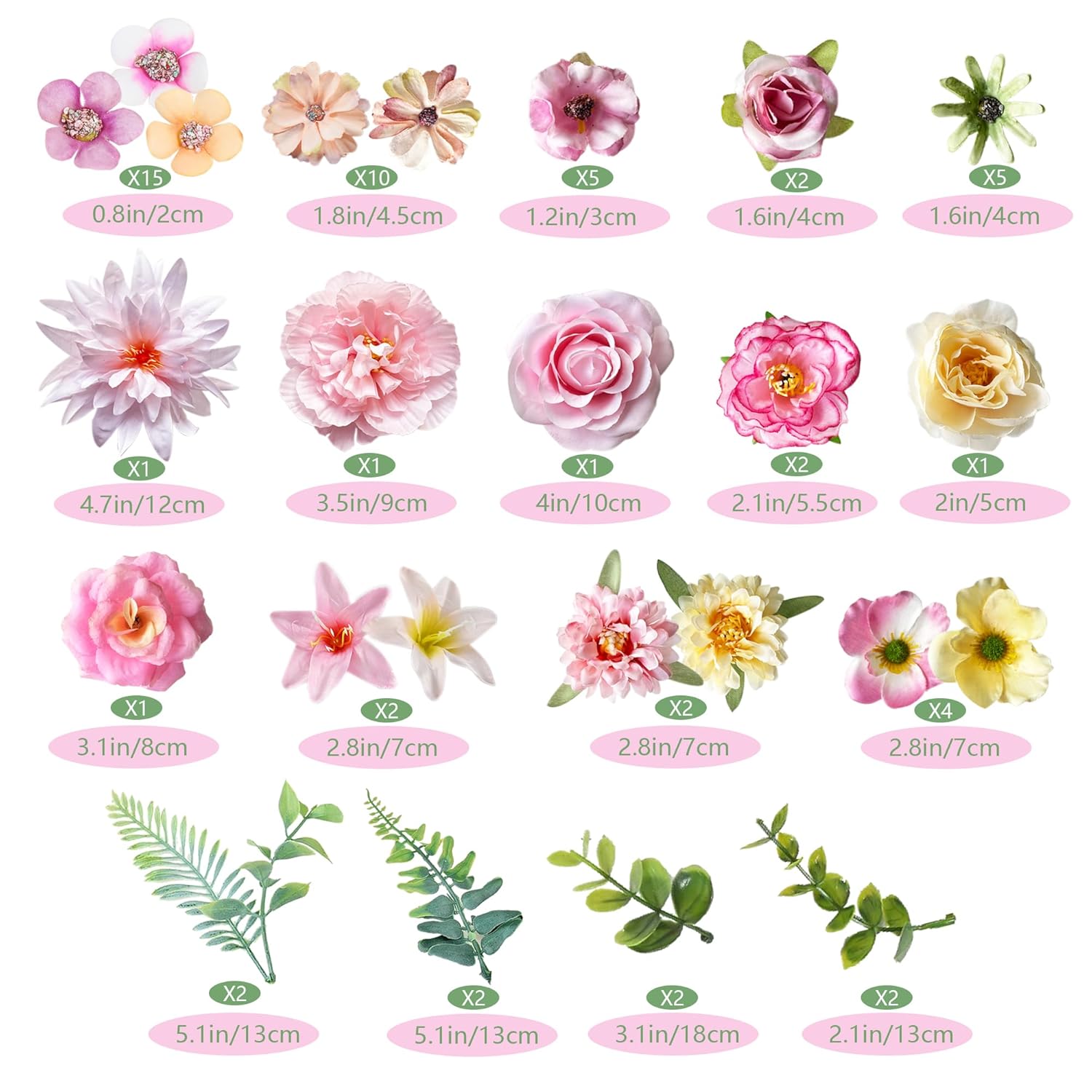 60Pcs Faux Flower Heads Bulk Small Daisy Roses Fake Mini Pink Silk Artificial Flower With Green Leaves For Craft Garland Graduation Cap Wedding Bridal Baby Shower Home Party Decoration Diy Cake Decor