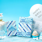 Reversible Blue Birthday Wrapping Paper Roll For Boys Men, Happy Birthday Lettering & Stripe Pattern With Metallic Foil In Blue, Mini Roll, 17 Inches X 32.8 Feet (46.45 Sq.Ft.)
