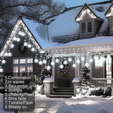 Christmas White Icicle Lights With Snowflake, 150 Led Curtain Lights With 8 Lighting Modes, Plug In Twinkle Lights For H