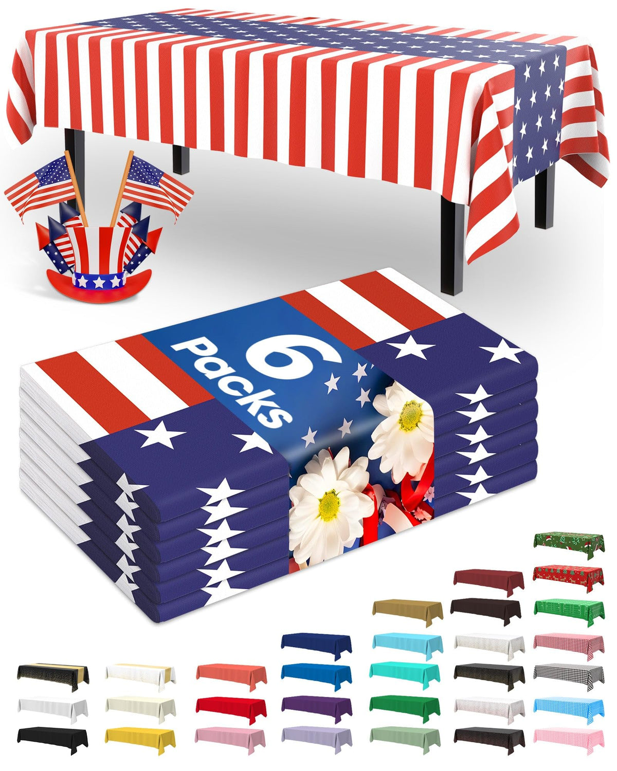 4th July Plastic Table Cloth Disposable 6 Pack, 54 x 108 Inch