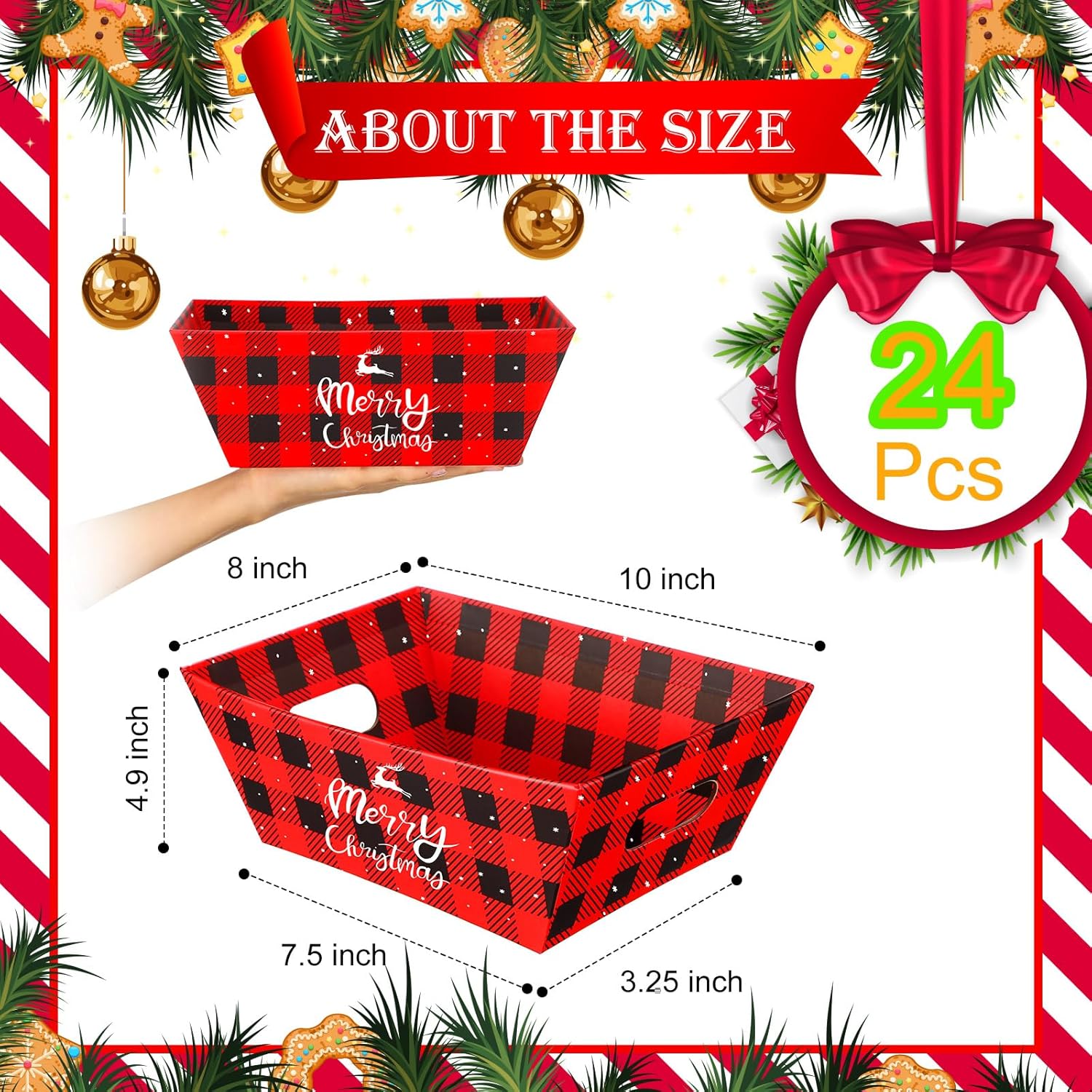 24 Pcs Christmas Baskets For Gifts 10 X 8 Inch Empty Basket With Handle Christmas Baskets For Gifts Wine Gift Basket Empty Red Sturdy Diy Bulk Gift Basket Kraft Market Tray Basket With Handles